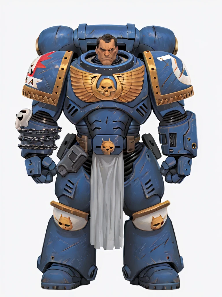 <lora:WH40K_Titus-IL:0.9> whtitus, mature male, facial scar, black hair, black eyes, solo, ultramarine, emblem, pelvic curtain, pauldrons, power armor, full body, white background, masterpiece, best quality, aesthetic, stylish painting