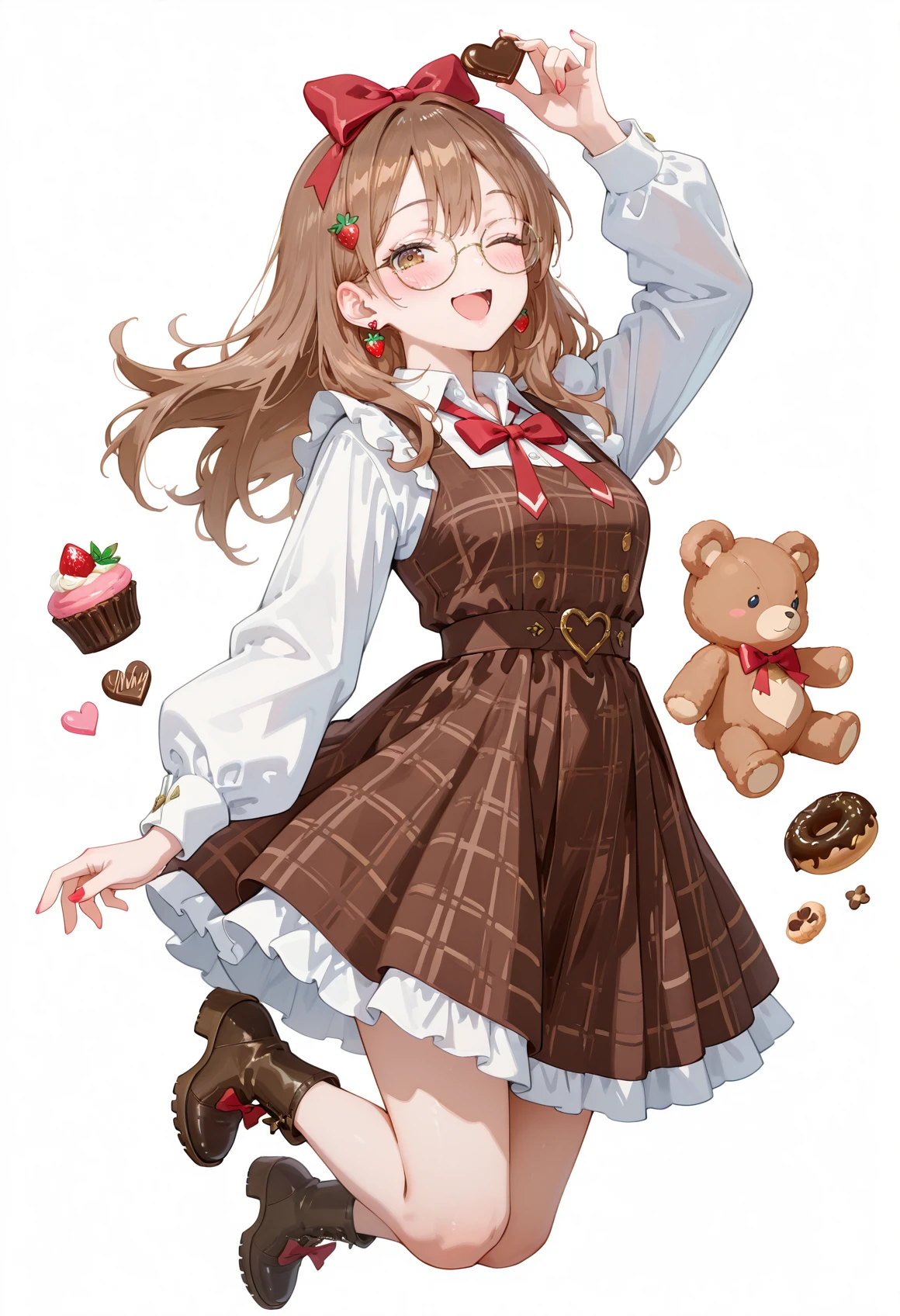 perfect quality,high quality,masterpiece,best quality,amazing quality,very aesthetic,Cinematic Lighting,newest,Tactical use of shadow,
MariyaMikhaylovna Cyql,1girl,solo,brown hair,long hair,hair ornament,brown eyes,
strawberry,food,fruit,chocolate,one eye closed,heart,open mouth,glasses,dress,bow,smile,long sleeves,full body,teddy bear,shirt,red bow,white background,stuffed animal,stuffed toy,hair bow,arm up,white shirt,plaid dress,looking at viewer,plaid,jewelry,earrings,frills,heart-shaped chocolate,boots,cake,blush,sleeveless dress,macaron,collared shirt,simple background,food-themed earrings,;d,cookie,sleeveless,doughnut,valentine,ribbon,puffy sleeves,puffy long sleeves,candy,floating hair,cupcake,bowtie,footwear bow,happy valentine,nail polish,pinafore dress,round eyewear,jumping,
<lora:748cmSDXL:0.5>,<lora:illustrious_quality_modifiers_masterpieces_v1:0.8>,<lora:EtherSDXL:0.5>,748cmstyle,EtherStyle,masterpiece,very aesthetic,n,<lora:detailer_v5:0.5>,detailerlora,<lora:Mariya Mikhaylovna_Illustrious by Cyql:1>,