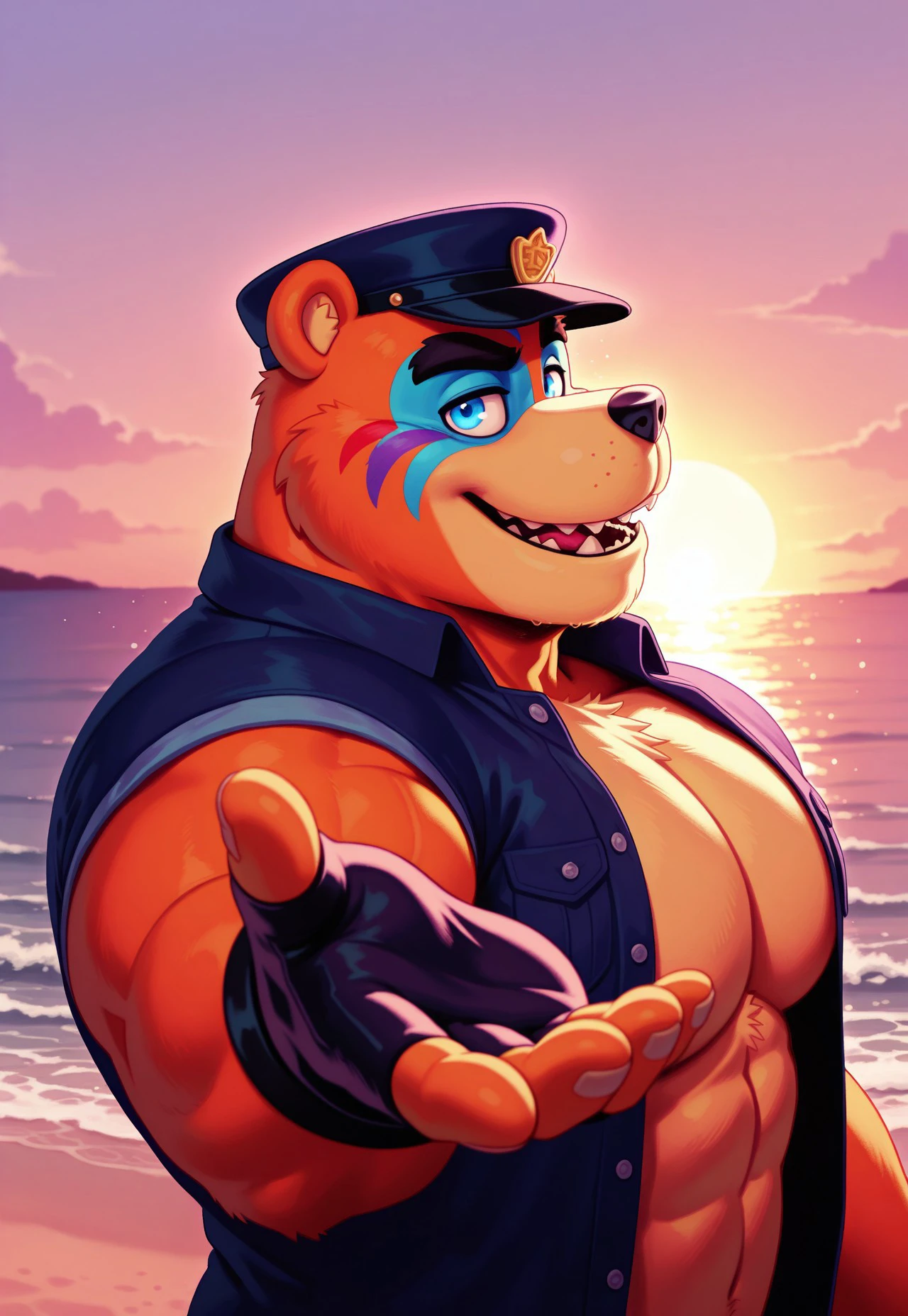 furry, solo, male, muscular,
, reaching,reaching hand, upper body, sunset, looking at viewer, close up, beach, side view,
orange body, hat,open clothing,fingerless gloves,facial markings,barazoku,bear,mammal,glamrock freddy,steel wool studios,scottgames,five nights at freddy's: security breach,five nights at freddy's,abs,
, 2024, 2023, m32c4l, masterpiece,best quality,amazing quality,