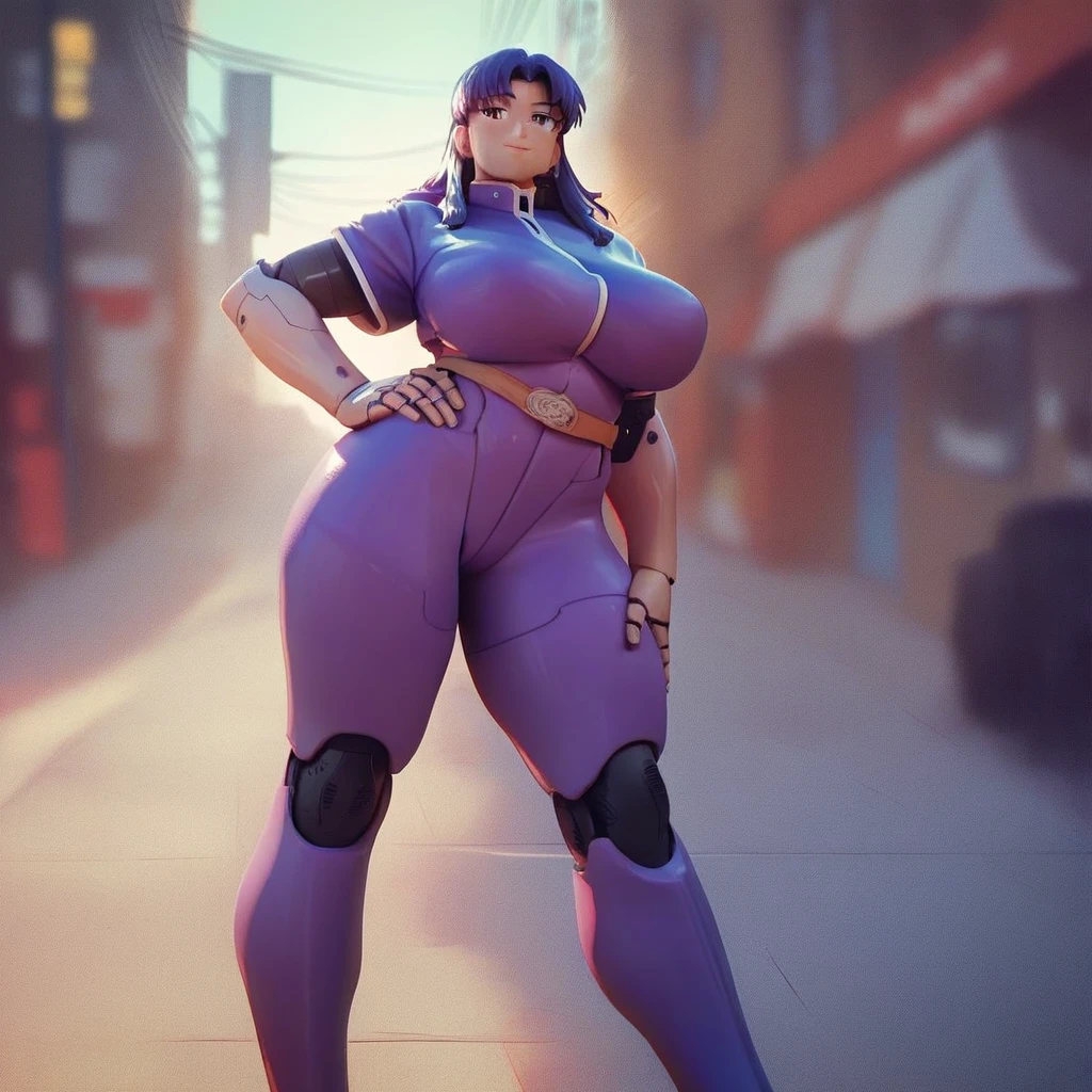 h0r1h3r0s, score_9,score_8_up,score_7_up,score_6_up, solo, 1girl, Misato Katsuragi, huge breasts, purple plug suit, street, standing, hand on hip, leg apart, giant robot on background,