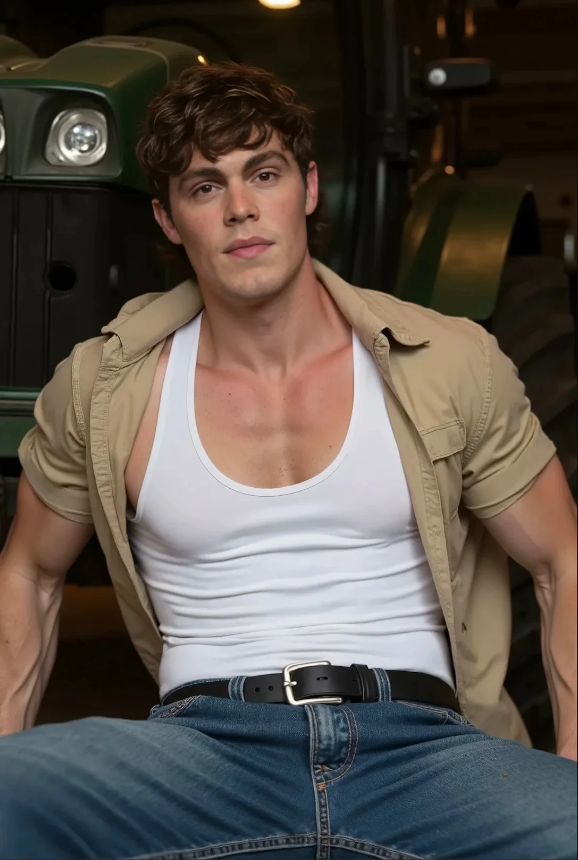 Jack Champion. This is a high-resolution photograph of Jack Champion he has fair complexion and short, dark, slightly wavy hair that frames his face. He has a fit, athletic build with a defined chest and arms. He is sitting on the floor inside a barn, leaning back against a tractor, with his legs spread wide. He is wearing an open beige work shirt, and he is wearing a tight white tank top, that is very tight against his muscled arms and chest. He is wearing fitted denim jeans with a black belt and silver buckle.