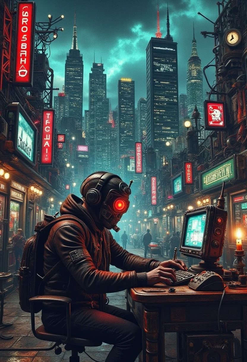 YFG-LBGadgets A cyberpunk-themed digital illustration featuring a masked, heavily armed figure with glowing red eyes and headphones, sitting at a high-tech console in a dark, futuristic cityscape with neon lights, tall buildings, and a stormy sky,A detailed, dark cyberpunk digital painting of with intricate textures and vibrant colors. The scene should include a rich variety of elements, each contributing to the overall atmosphere. Lighting should be soft, diffused, and natural, enhancing the depth and realism of the scene. The mood is to be calm yet vibrant, creating a sense of serenity and wonder. Every detail in the scene should be meticulously rendered, emphasizing the contrast between light and shadow, and capturing the fine textures and subtle gradients. The color palette should be carefully chosen to evoke emotion, with each hue enhancing the aesthetic appeal of the overall composition. The final image should be immersive and captivating, drawing the viewer into its intricately detailed world.