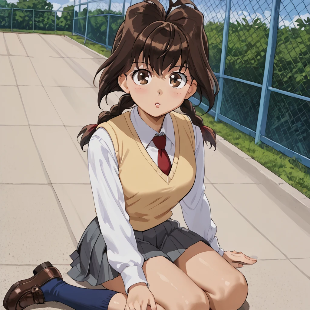 outdoors, <lora:Jiyuu_Nanohana:1> jiyuu, 1girl, solo, brown hair, twin tails, braids, bangs, brown eyes, school uniform, white shirt, long sleeves, argyle vest, red tie, grey skirt, pleated skirt, blue socks, brown footwear,