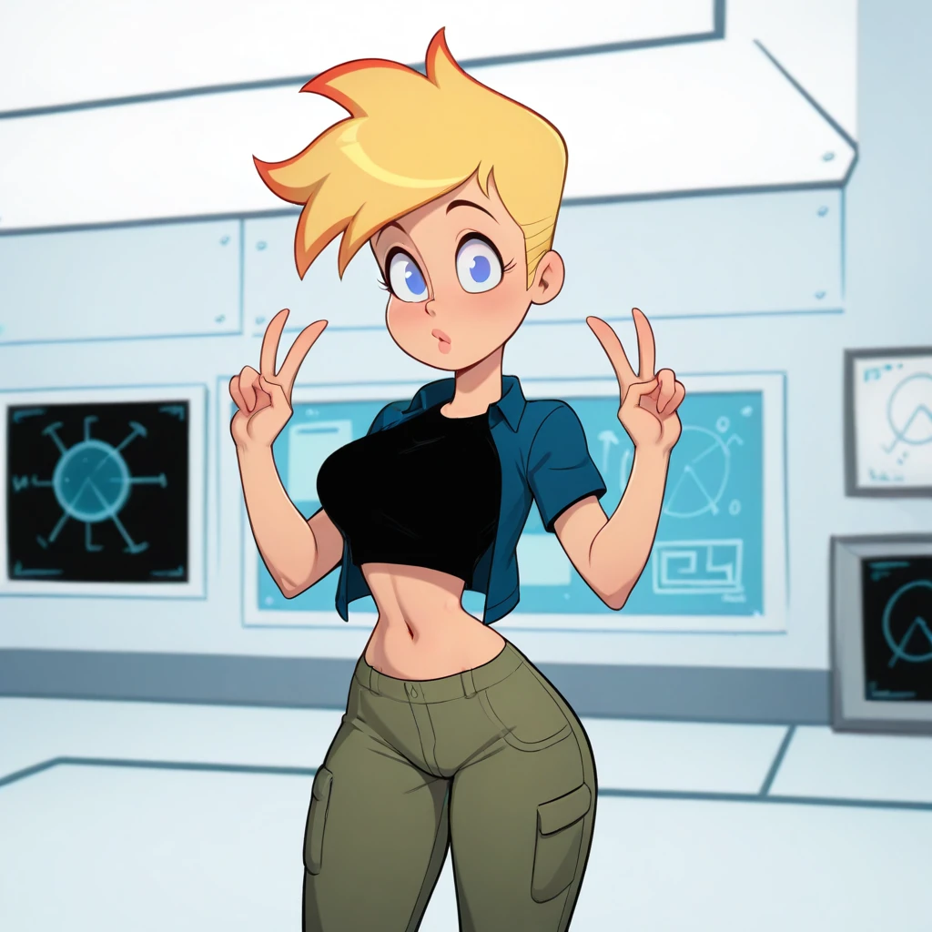 masterpiece, best quality, jennyTest, 1girl, solo, blonde hair, blue eyes, black shirt, blue jacket, short sleeves, midriff, cowboy shot, <lora:JennyTest_illustrious_Leaf6:1>, double v, indoors, laboratory,