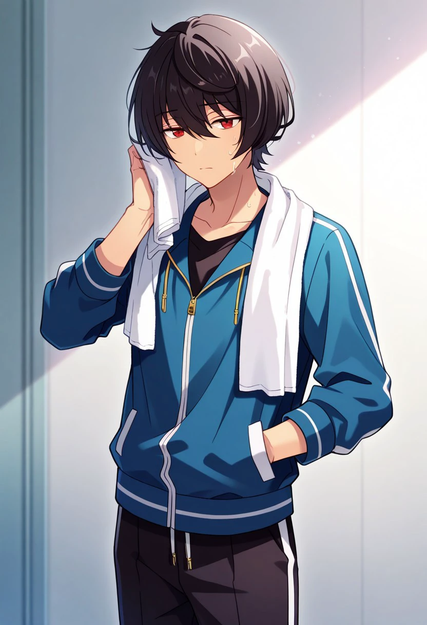 masterpiece, best quality, 
ritsusakuma, 
1boy, male focus, solo red eyes, black hair, short hair, bangs, hair between eyes, track suit, jacket, track jacket, blue jacket, drawstring, pants, black pants,
indoor, tired, sweat, towel around neck