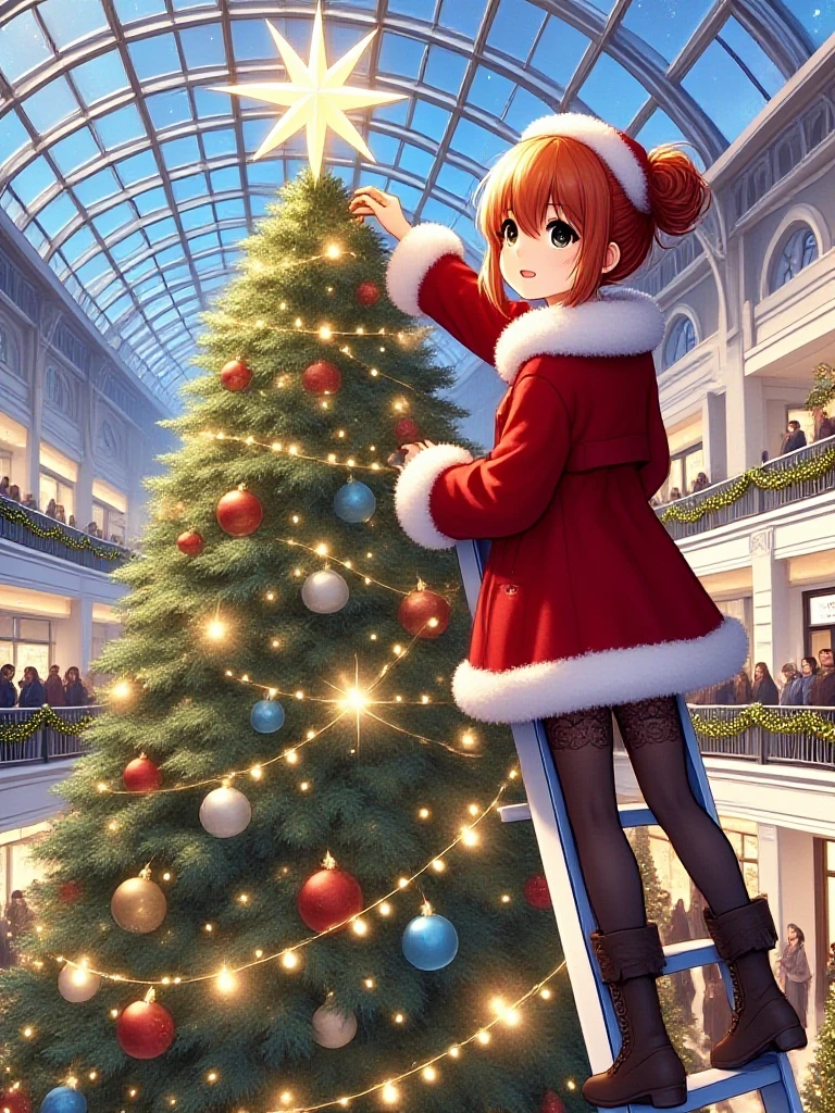 masterpiece, best quality, christmas tree with festive lights, 1girl on stepladder, hand on the star of tree top, copper hair, updo, medium height, slim figure, cleavage, santa hat, fur trim, red coat, fur-trimmed coat, stockings, boots, people, indoors, shopping mall, ceiling, day, <lora:girllikechristmastree_flux:1>