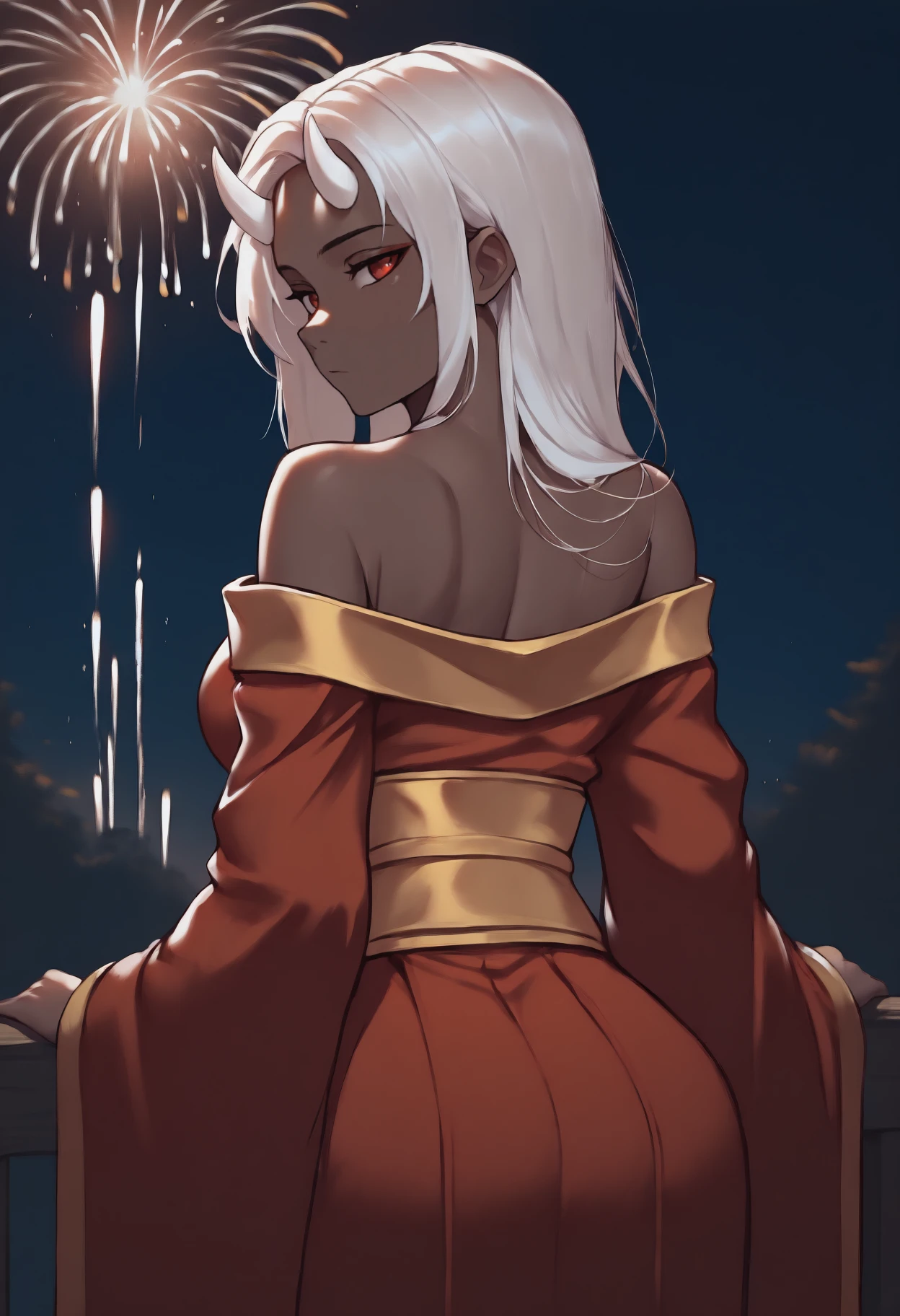 anime, masterpiece, best quality, solo, 1girl, calamitas, dark-skinned female, expressionless, looking back, long hair, white hair, white horns, demon horns, red eyes, japanese clothes, gold trim, red kimono, off shoulder, yellow sash, obi, bare shoulders, outdoors, night, fireworks
<segment:yolo-Anzhc Face seg 640 v2 y8n.pt,0.4,0.5//cid=1>