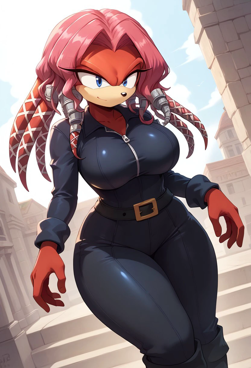 score_9, score_8_up, score_7_up, (best quality:1.1), ultra-detailed, high resolution, 8k, ((tall, 6ft tall)), (furry, echidna, Lien-Da the Echidna, red skin), pink hair, dark blue eyes, black nose, black leather bodysuit, belt, black boots, cute, solo, ((big breasts, voluptuous, thick thighs, skinny, petite, curvy, busty, high quality, masterpiece, wide hips)), (((dutch angle, sexy tease, sexy pose, stylish pose))) BREAK outside, Rich, Detailed background, ambient light