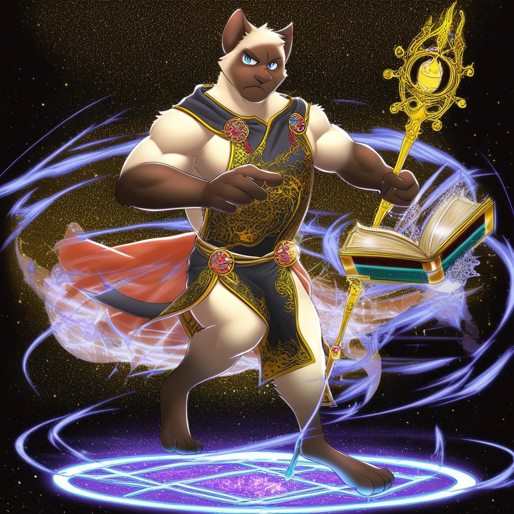 1boy, bara, muscular, male focus, furry, anthro, siamese , wizard's clothes,fantasy,staff,spellbook,full body,dynamic pose,magic particles,simple white background,looking at viewer,frown,smile, masterpiece,best quality,amazing quality,