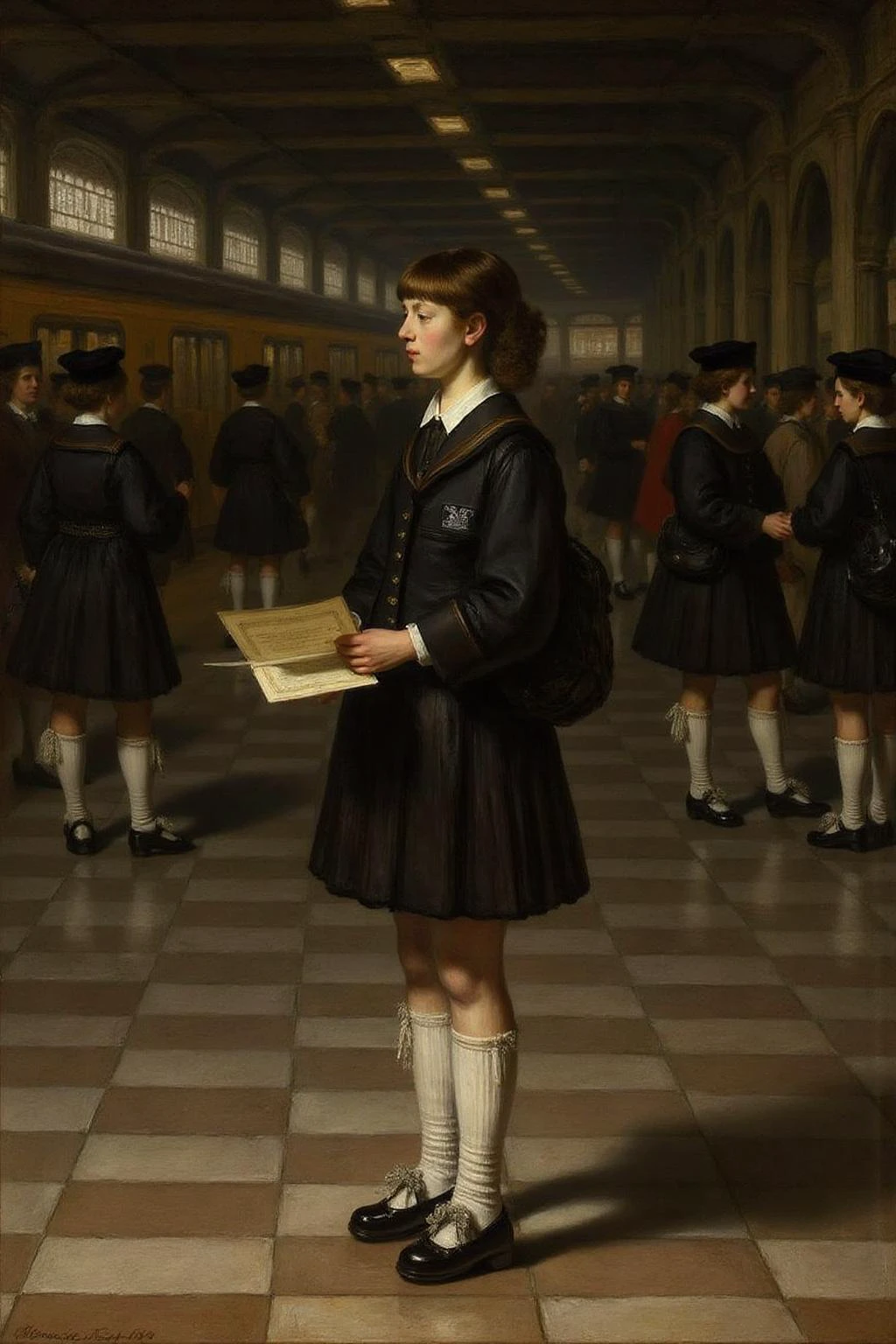 rembr2 oil painting
Profile of a high school student in uniform, white socks and black shoes, standing in the middle of a train station, holding two acceptance letters--one for a local college and the other for an overseas university. The station is bustling with people moving in every direction, while she stands still, eyes closed, taking a deep breath as she tries to decide which future to follow <lora:rembr_paint1_semicap_d6a3:1.0><lora:812153306362374630:0>