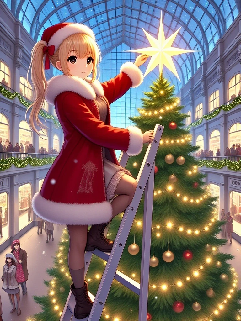 masterpiece, best quality, christmas tree with festive lights, 1girl on stepladder, hand on the star of tree top, blonde hair, twintails, ribbon, medium height, slim figure, cleavage, santa hat, fur trim, red coat, fur-trimmed coat, stockings, boots, people, indoors, shopping mall, ceiling, day, <lora:girllikechristmastree_flux:1>