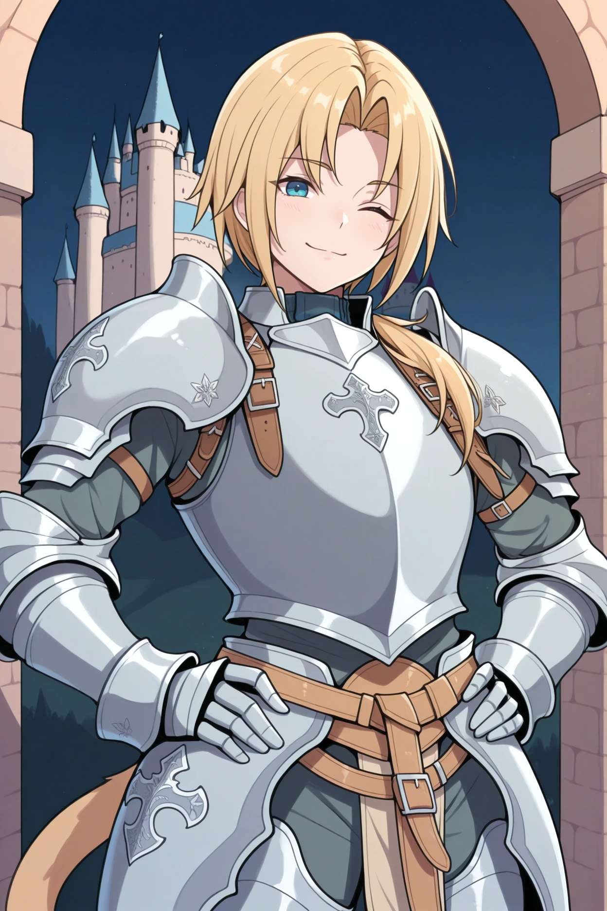 masterpiece, best quality, 1boy, solo, male focus, <lora:ffzidane-illu-nvwls-v1-000005:1> z1d4ne, blonde hair, parted bangs, low ponytail, blue eyes, tail, suit of armor, silver armor, oversized armor, , looking at viewer, hands on hips, medieval, castle, night, wink, smile