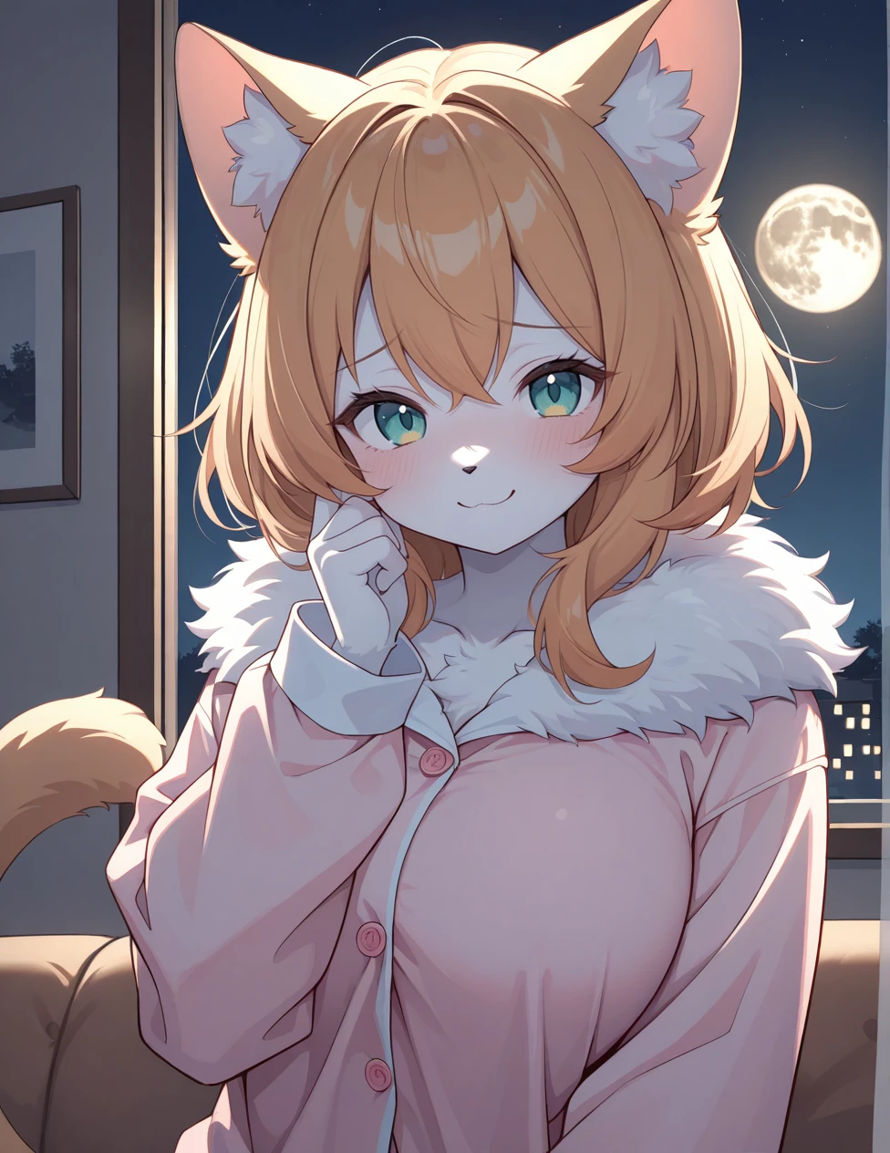 (masterpiece, best quality, ultra detailed, 8k, 4k, hi res, absurdres:1.3), (detailed texture lighting, detailed surface lighting) BREAK indoors, living room, couch, window, extra details, night, nighttime, moon BREAK
1girl, anthro, adorable, cat girl, looking at viewer, fluffy fur, upper body, pajamas, shy smile, blush, close-up,