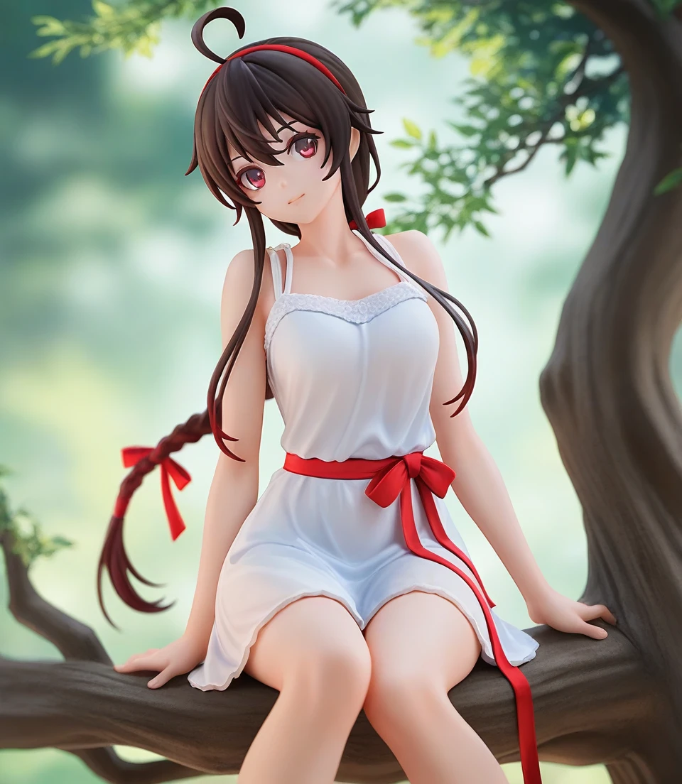 1girl,masterpiece,high quality,best quality,beautiful,upper body,yuezheng ling,white dress,sitting on tree,red eyes,