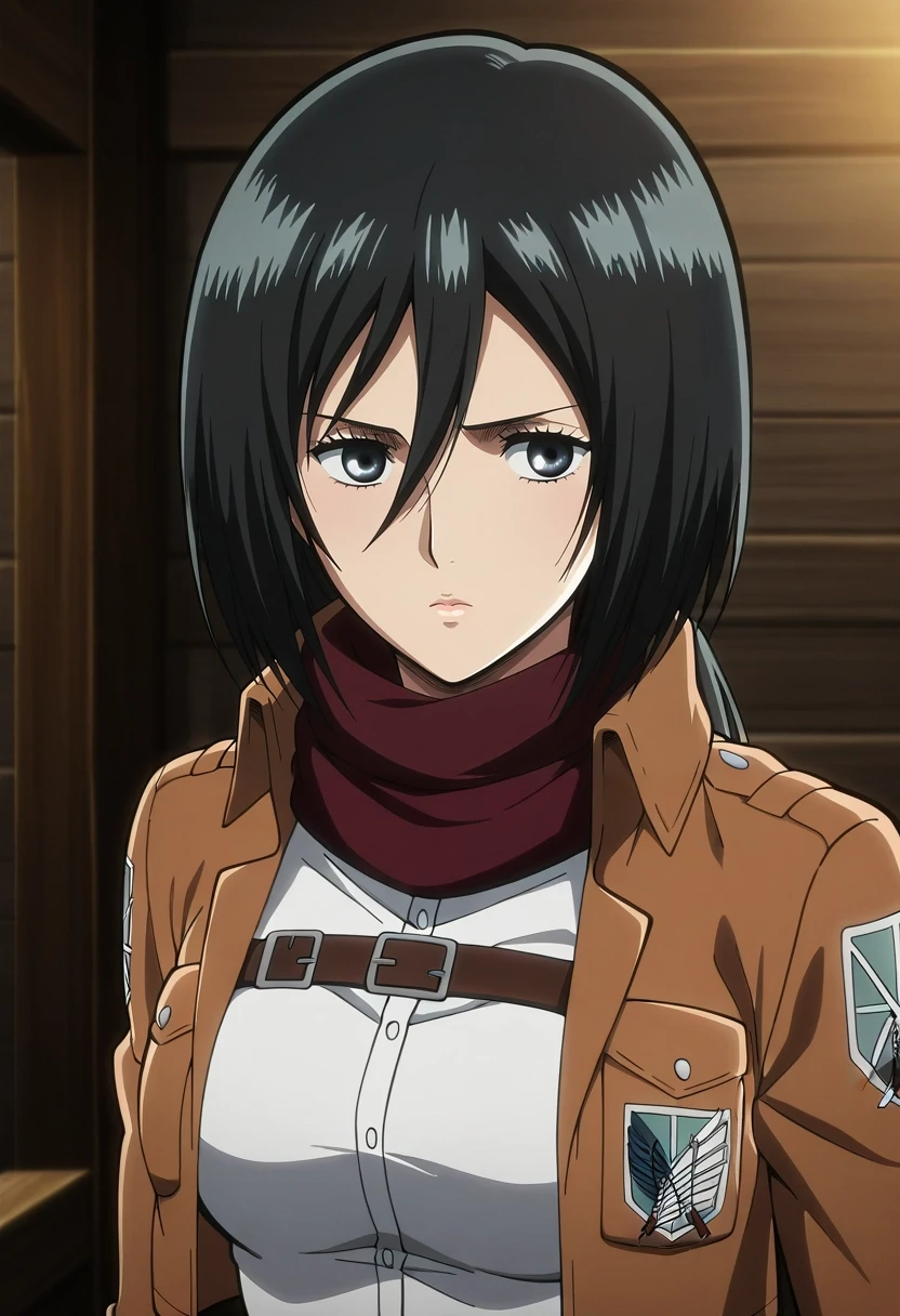 masterpiece, best quality, , anime screencap, anime coloring, official style, , , 1girl, solo, <lora:mikasa_ackerman_ilxl:0.92>, mikasa_ackerman, black hair, black eyes, hair between eyes, long hair, scarf, jacket, paradis military uniform, , , armored dress