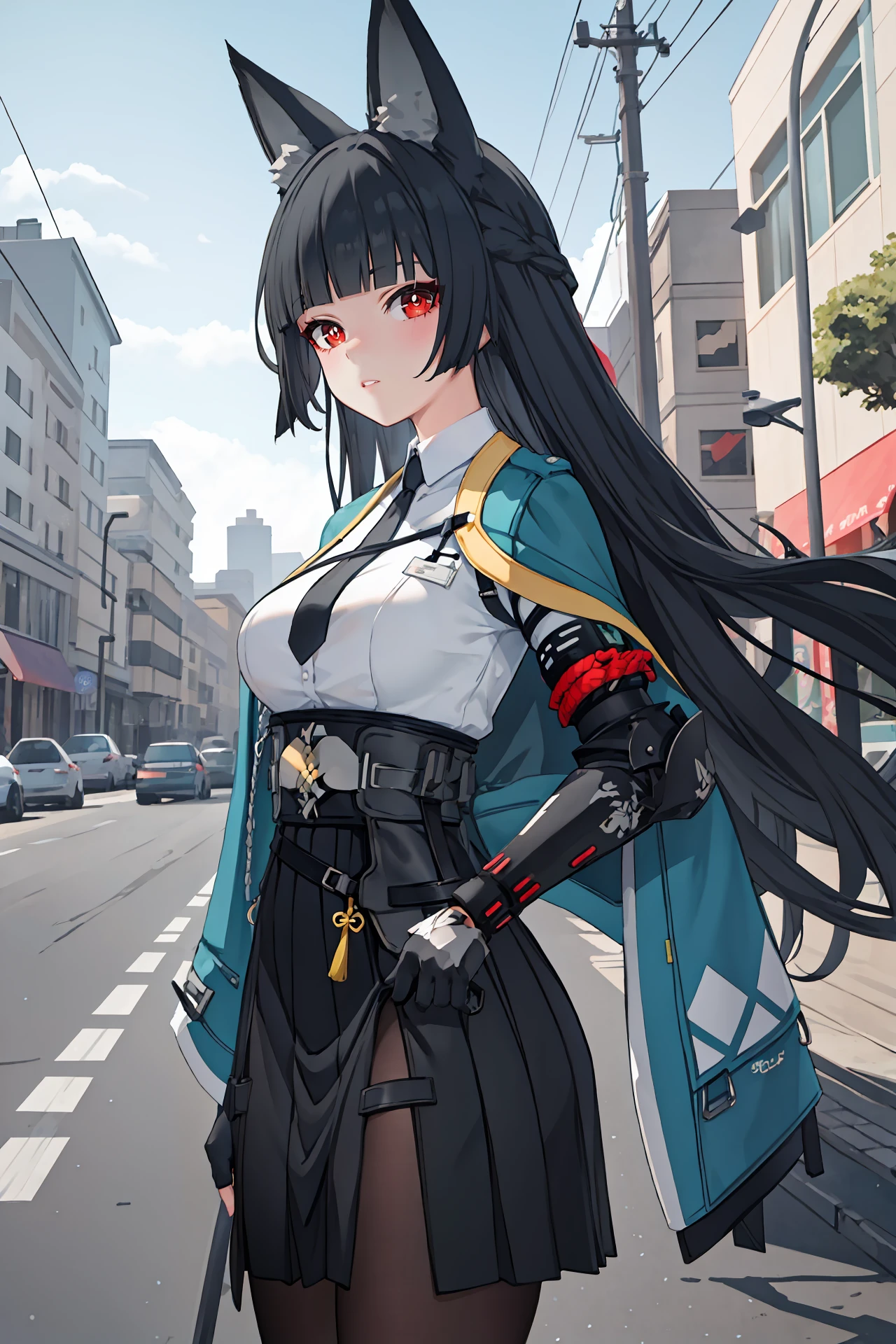 1girl, hoshimi miyabi, solo, black pantyhose, hakama short skirt, fingerless gloves, white collared shirt, aqua jacket, single mechanical arm, arm out of sleeve, black necktie, looking at viewer, parted lips, street, outdoors, depth of field, standing, cowboy shot