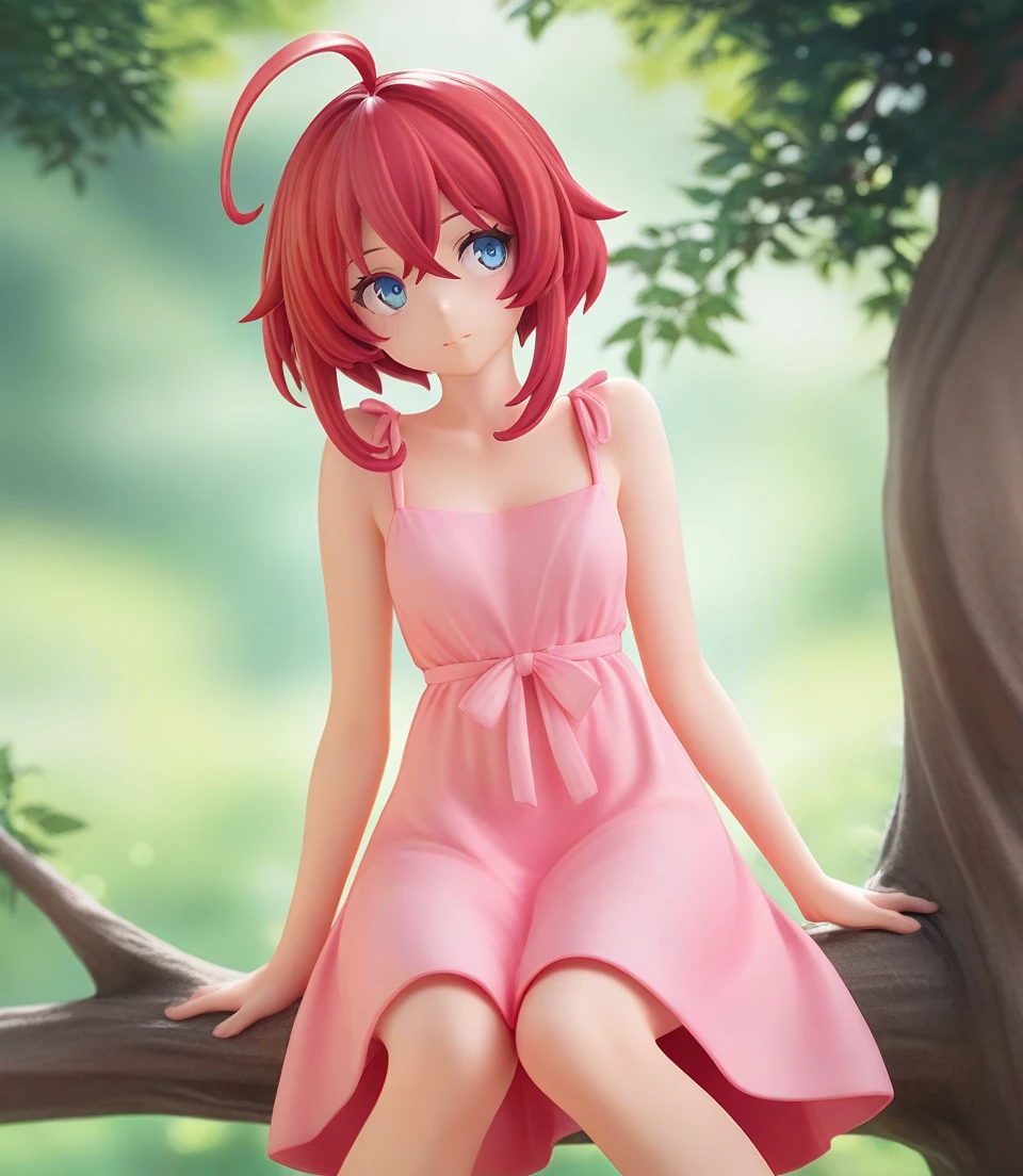 1girl,masterpiece,high quality,best quality,beautiful,upper body,pink dress,sitting on tree,ahoge,red hair,