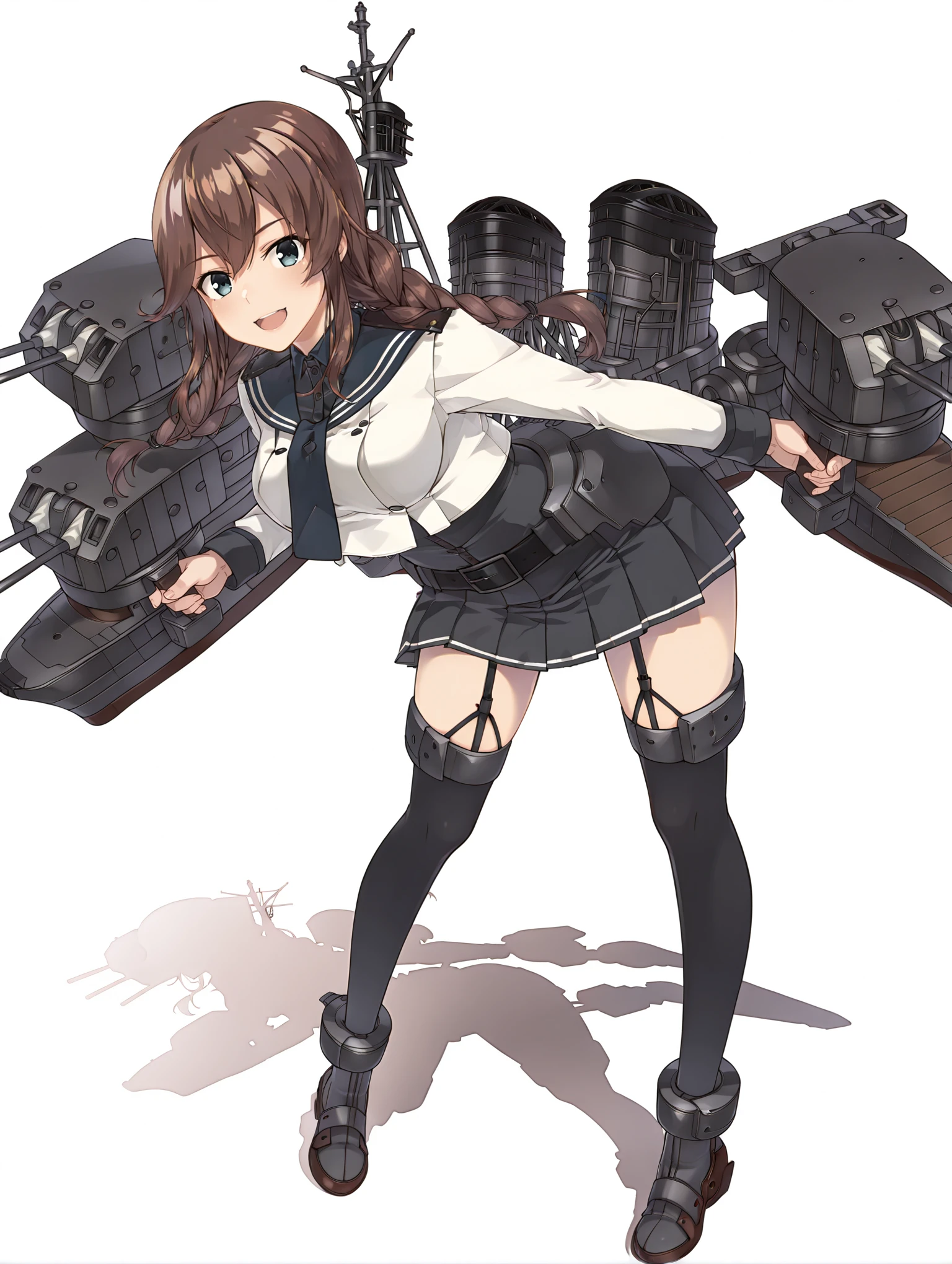 masterpiece,best quality,amazing quality,
solo,1girl,
<lora:noshiro_k2_ilxl_v1:1>,noshiro,twin braids,n_clothes,garter_straps,black_thighhighs,n_ro,machinery,rigging,turret,cannon,flight deck,
<lora:Fixhands_anime_bdsqlsz_V1:1>,looking_at_viewer,dynamic_angle,cinematic_angle,light_blush,white_background,simple_background,profile,:d,bent_over,arm_held_back,from_above,from_side,full body,