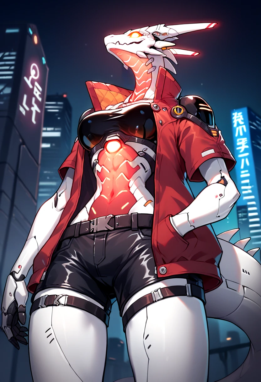 Score_9, score_8_up, score_7_up, score_6_up,  source_anime, 1girl, solo, science fiction, from below, wide angle, pov, upper body, cyberpunk, night, neon city backdrop, depth of field, mechanical,  neon trim, glowing parts, white body, shoulder pads, halftones, mechanical breasts, latex tube top, glowing  eyes, mecha, red jacket, leather shorts, hand in pockets, straps,  glowing abs, dragon head, no pupils, short sleeves, <lora:cool_ASF_mecha_MIX:1>