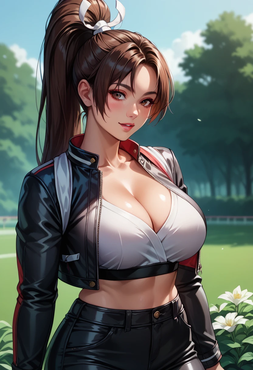 score_9, score_8_up, score_7_up, score_6_up, score_5_up, score_4_up, masterpiece, best quality, BREAK,
1girl, outdoors,  <lora:Mai_Shiranui_Fatal_Fury_Pony_Test_01:1> ponymai, ponytail, brown hair female, large breasts, curvy female, high ponytail, cleavage, black jacket, cropped jacket, midriff, black pants,