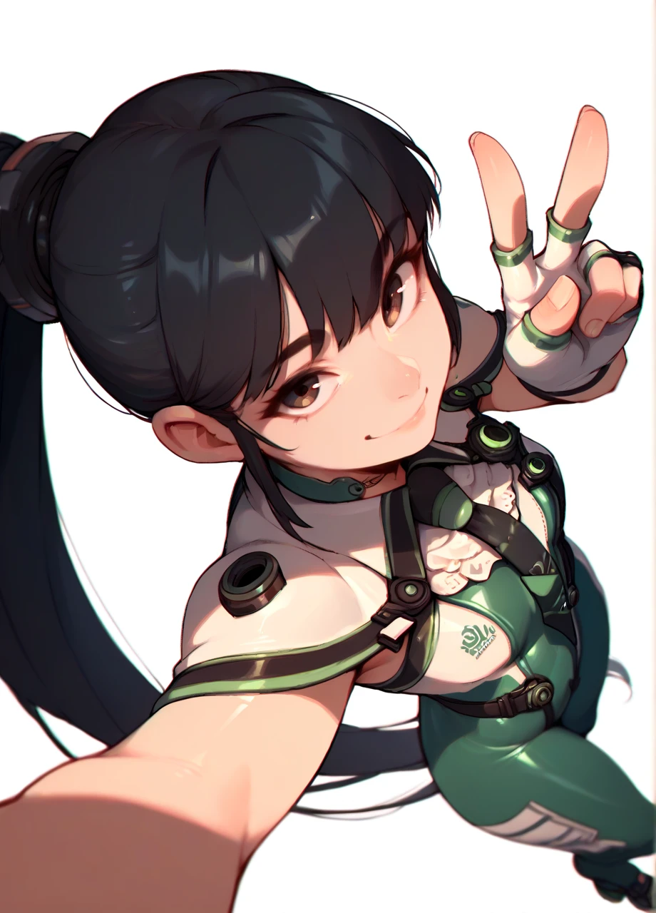 1girl, solo, white background, bangs, black hair, long ponytail, sbevedef, short necktie, fingerless gloves, skin tight, high angle, smile, selfie, v, outstretched arm <lora:SB_EVE-PONY:0.8>, score_9, score_8_up, score_7_up, score_6_up,