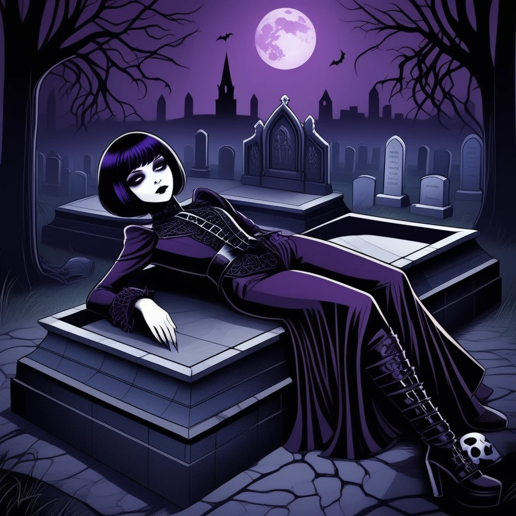 Gothic style  <lora:gothichic- sdxl1.0:0.8> gothichic, a beautiful girl wearing purple outfit, short hair lying on a tomb in a cemetery . Dark, mysterious, haunting, dramatic, ornate, detailed