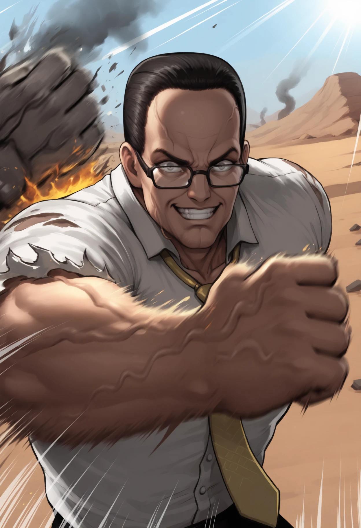 masterpiece, best quality, 1boy, grey eyes, buzz cut, black hair, very short hair, manly, mature male, double chin, black-framed eyewear, veins,
white shirt, yellow necktie, torn clothes, 
looking at viewer, crazy grin, clenched teeth, intense, punching, incoming punch, rapid punches, reaching towards viewer, 
outdoors, day, sunbeam, dutch angle, motion blur, motion lines, speed lines, foreshortening, solo, pov, desert, military base, fire, smoke, rubble,
<lora:Senator-Armstrong-NoobAi-1.1_V1-Manityro-CAME:1.0>,