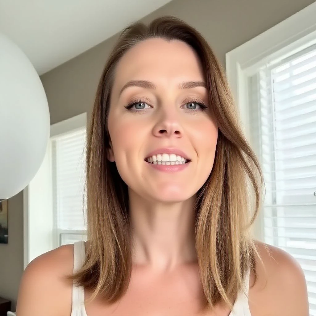 The image is a high-resolution photograph of a Caucasian woman with light skin and shoulder-length, straight brown hair that has subtle blonde highlights. She has a round face with prominent cheekbones and a slightly parted mouth, revealing her white teeth. Her eyes are blue and accentuated with long, thick eyelashes. She is wearing subtle makeup, including a natural-looking foundation, light eyeshadow, and nude lipstick.
The background of the image shows a modern, well-lit indoor setting with neutral tones. To the left, there is a large, white, spherical pendant light hanging from the ceiling, adding a touch of contemporary design. Behind her, there is a window with white blinds partially drawn, allowing natural light to filter in. The blinds are slightly open, suggesting a daytime setting.
She is wearing a sleeveless top that is not visible in the frame, but her shoulders are exposed. The lighting in the photograph is soft and natural, highlighting her features and the textures of her hair and skin. The overall composition of the image is clean and focused, with a shallow depth of field that keeps the subject in sharp focus while blurring the background slightly.
<lora:MILFErin_FLUX_01-000006:1>