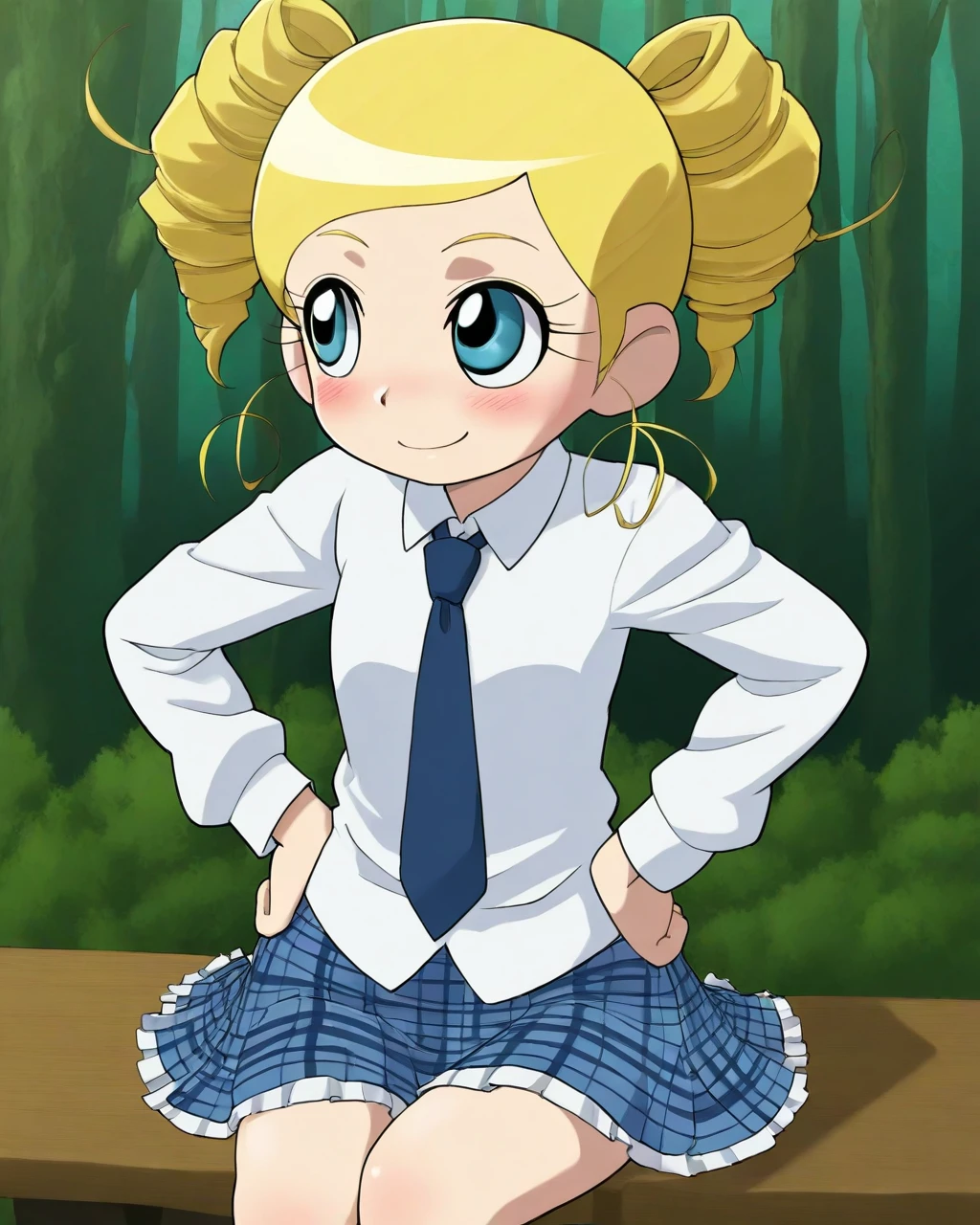 masterpiece, best quality, evnstnly, 1girl, solo, ppgzmiyako, miyakocasual, long sleeves, necktie, plaid skirt, short skirt, , smile, blush, hands on own hips, looking away, sitting, cowboy shot, forest