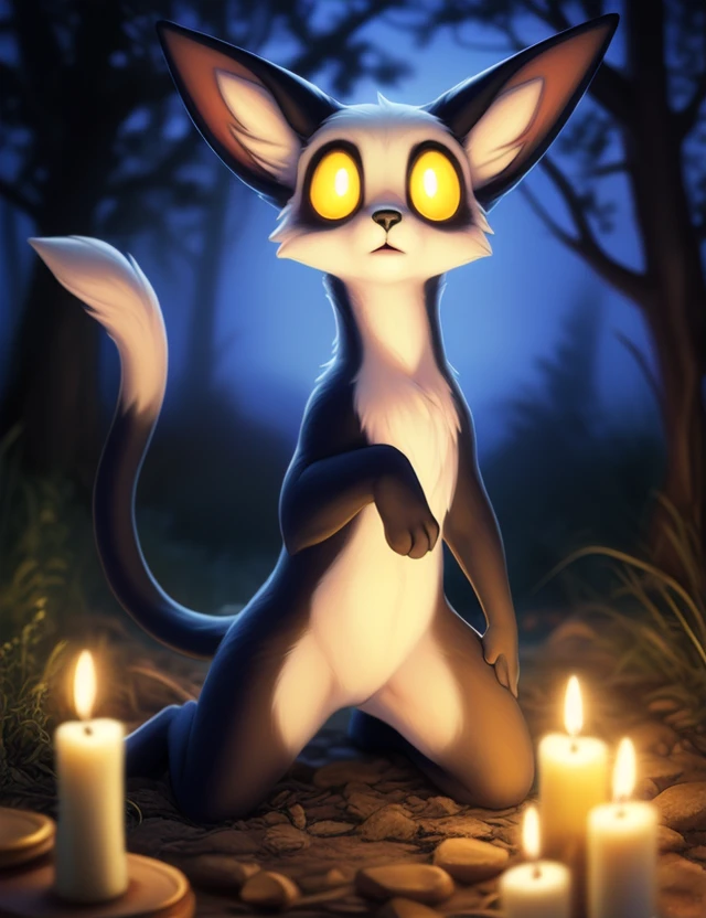 <lora:MokiVar1:1> MokiVar1, ((Large yellow eyes, white sclera, yellow pupil,)), white tip of tail, chibi, small body,
Looks at the viewer, [ solo,Night, candles, starry sky, trees, forest, ,] ((cowgirl position,))
beautiful, aesthetic, perfect, delicate, intricate, saturated colors, masterpiece, digital drawing, best quality,
by Lostgoose, by Silverfox5213, by Joaqun Sorolla