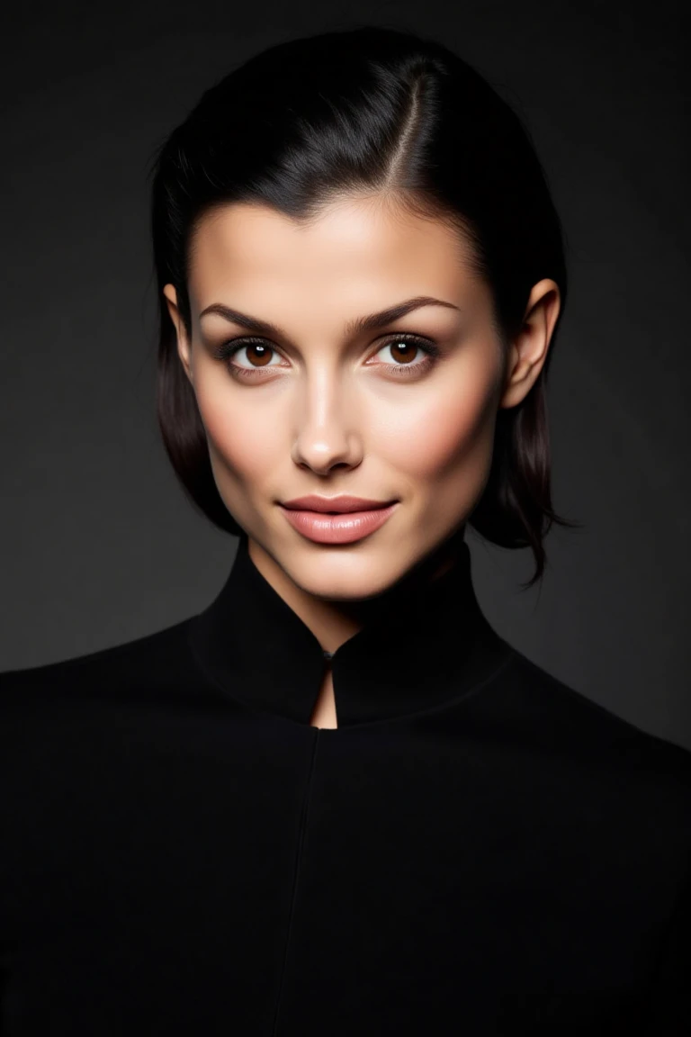 Create a close-up, high-fashion portrait of a woman with striking eyes and confident smile. Her medium hair is styled back in a sleek manner, revealing her facial features with clarity. She wears a sophisticated black outfit that exudes elegance and minimalism. The background is a smooth gradient of dark gray, enhancing the overall refined and contemporary aesthetic. The lighting is soft yet directional, highlighting her flawless complexion and subtle makeup, with a focus on her eyes and cheekbones. The mood of the portrait is polished, modern, and artistic.