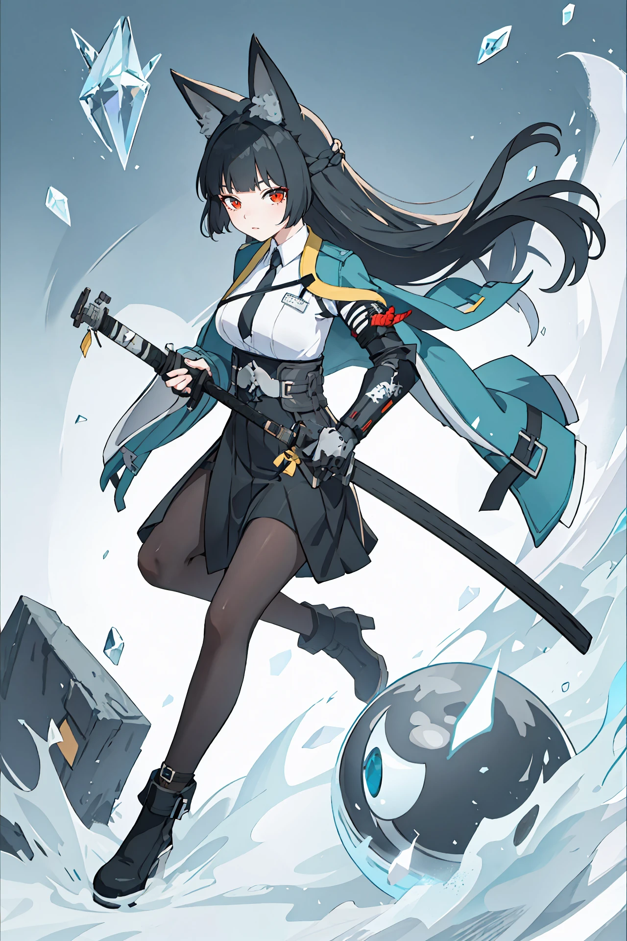 1girl, hoshimi miyabi, black pantyhose, aqua jacket, single mechanical arm, arm out of sleeve, fingerless gloves, hakama short skirt, white collared shirt, black necktie, ankle boots, anklet, full body, snowflakes, ice, crystal, looking at viewer, floating hair, glaring, hand on hilt, katana