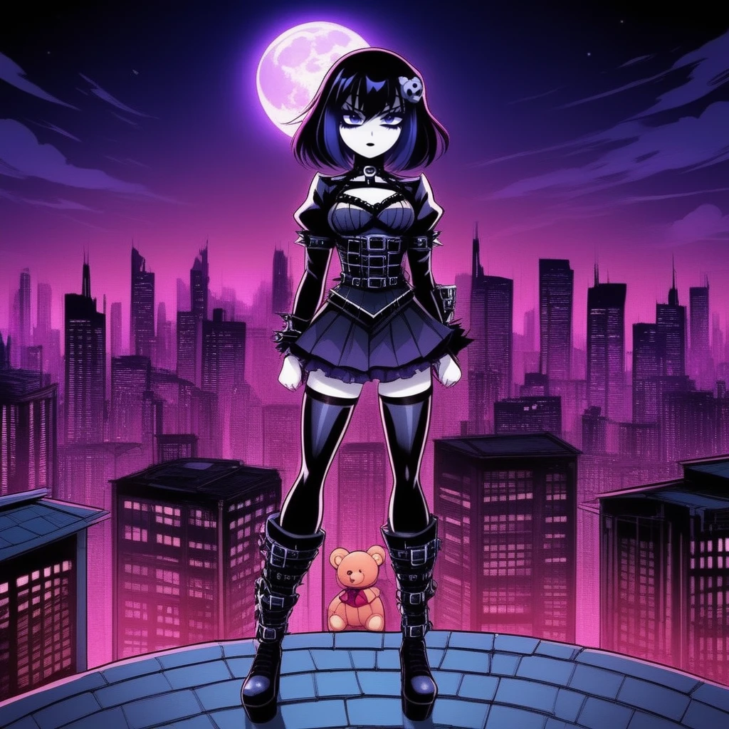 anime artwork  <lora:gothichic- sdxl1.0:1> gothichic, a beautiful gothic girl wearing a sexy outfit, posing in a dynamic stance, she's standing in super hero pose,  holding a teddy on a rooftop at night
 . anime style, key visual, vibrant, studio anime,  highly detailed