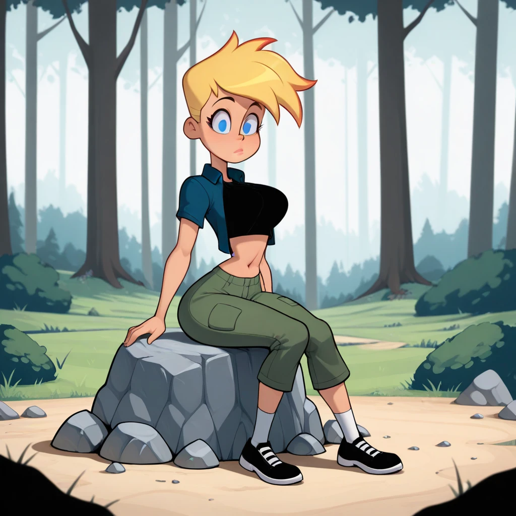 masterpiece, best quality, jennyTest, 1girl, solo, blonde hair, blue eyes, black shirt, blue jacket, short sleeves, midriff, pants, white socks, black footwear, <lora:JennyTest_illustrious_Leaf6:1>, sitting on rock, forest,