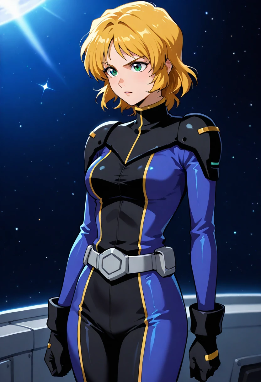 masterpiece, best quality, good quality, 1girl, Ellis Claude, blond hair, short hair, body suit, green eyes、space