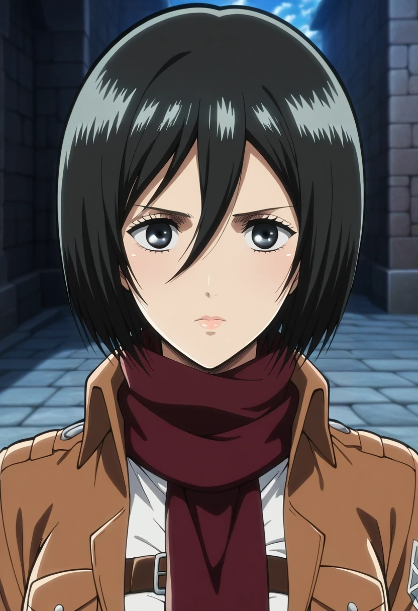 masterpiece, best quality, , anime screencap, anime coloring, , , , 1girl, solo, <lora:mikasa_ackerman_ilxl:1>, mikasa_ackerman, black hair, black eyes, hair between eyes, short hair, scarf, jacket, paradis military uniform, , , fairy tale costume