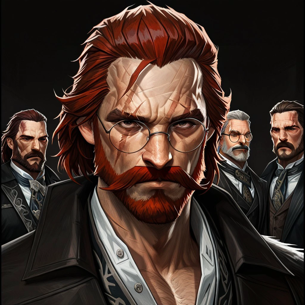 masterpiece, best quality, newest, absurdres, highres, Cedric-Peyravernay-D4/Dishonored-Art-V1.0, 1boy, glasses, red hair, suit, round glasses, beard, facial hair, mustache, scar, scars on face