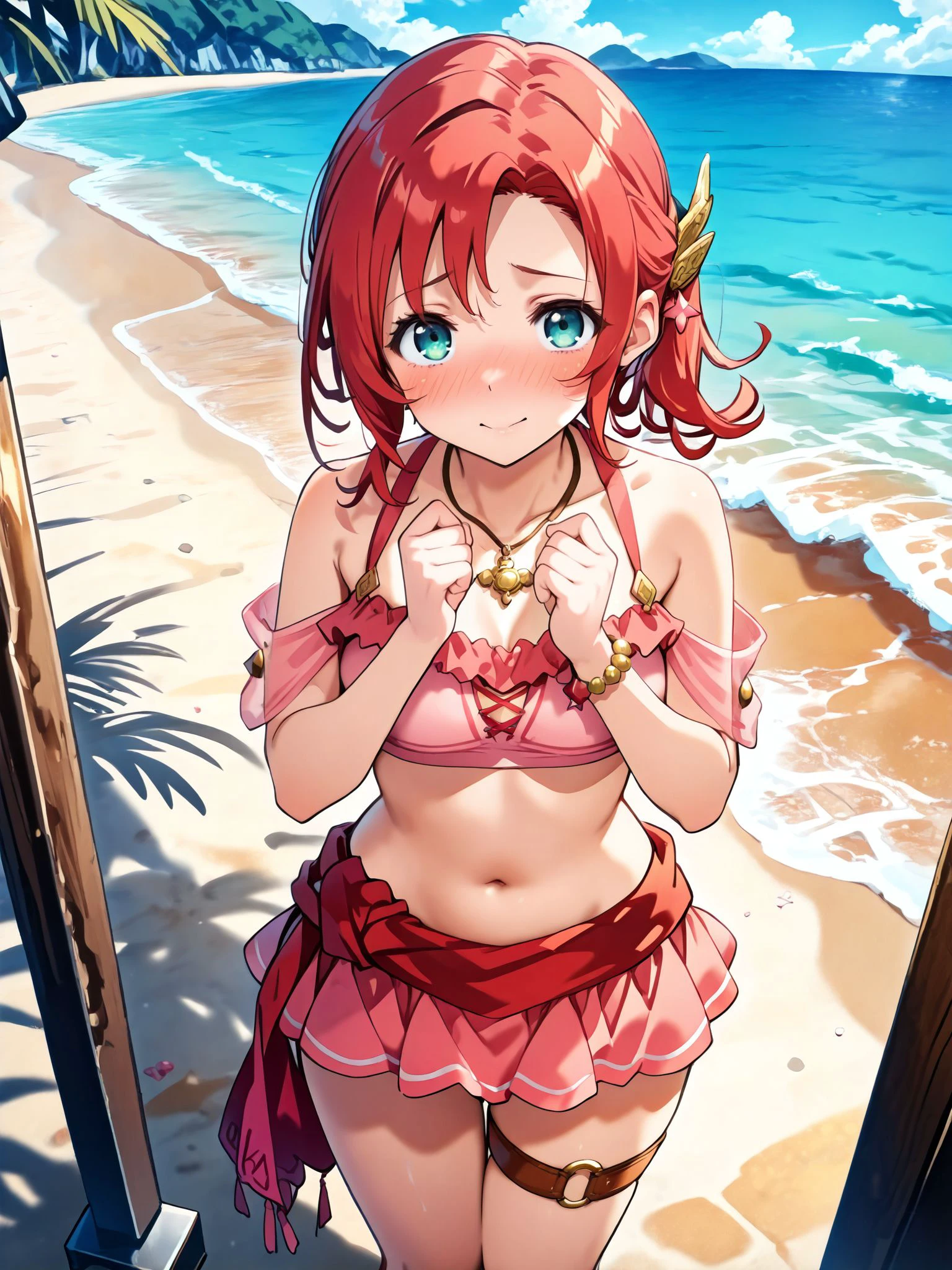 masterpiece,best_quality,1girl,solo,<lora:norne feh 2outfits_illustriousXL:0.8>,norne feh,summer hair ornament,necklace,pink bikini,bikini skirt,bracelet,thigh strap,cowboy shot,standing,embarrassed,smile,beach,looking at viewer