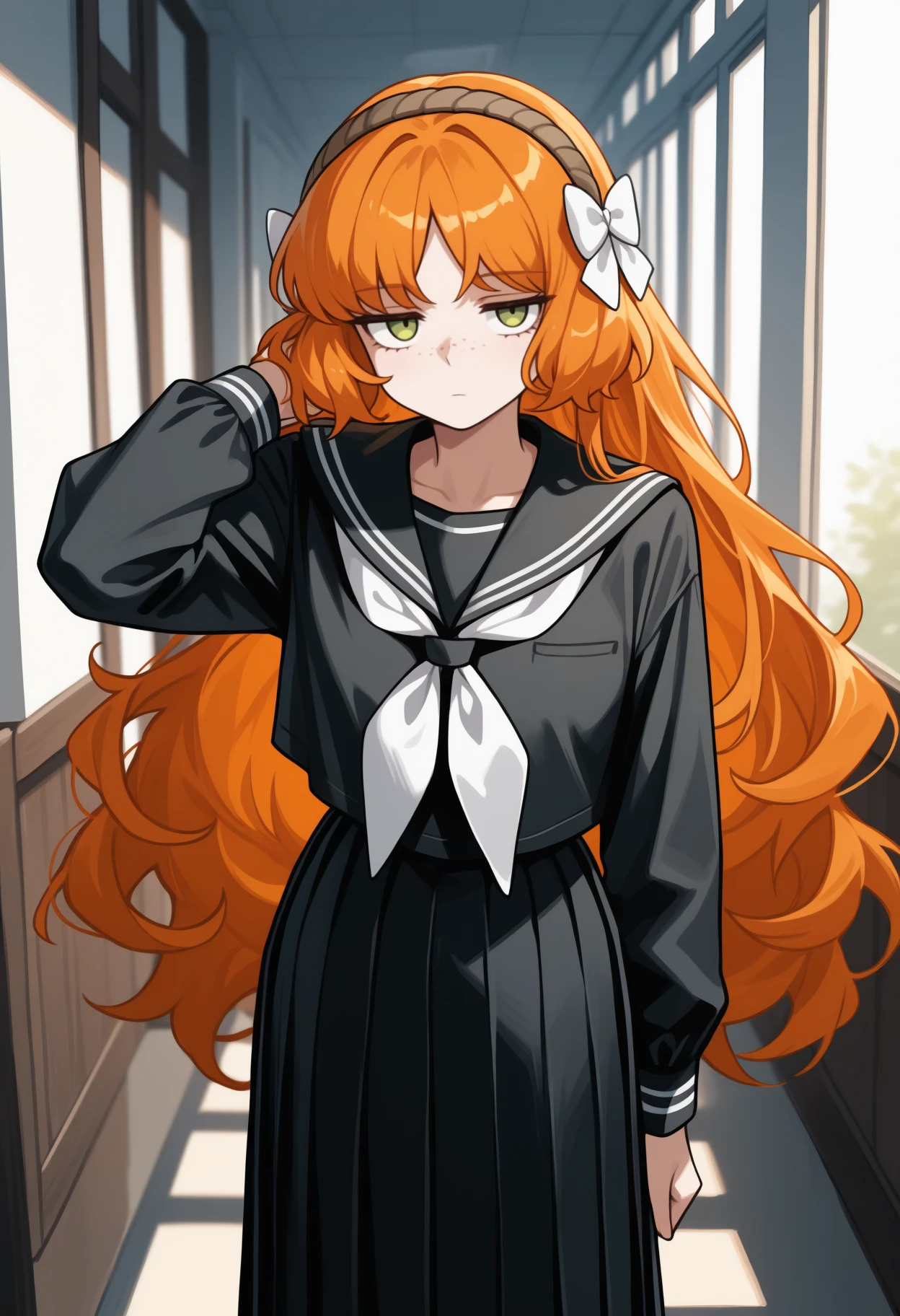 masterpiece, best quality, solo, 1girl, ihml, freckles, expressionless, looking at viewer, standing, hand in own hair, long hair, orange hair, sidelocks, hair bow, white bow, brown hairband, green eyes, jitome, black serafuku, black shirt, black sailor collar, white neckerchief, long sleeves, long skirt, black skirt, pleated skirt, indoors, hallway
<segment:yolo-Anzhc Face seg 640 v2 y8n.pt,0.4,0.5//cid=1>