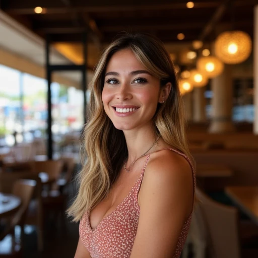 Highly detailed image of a woman wearing a bottleneck dress standing in a cafe smiling at the viewer