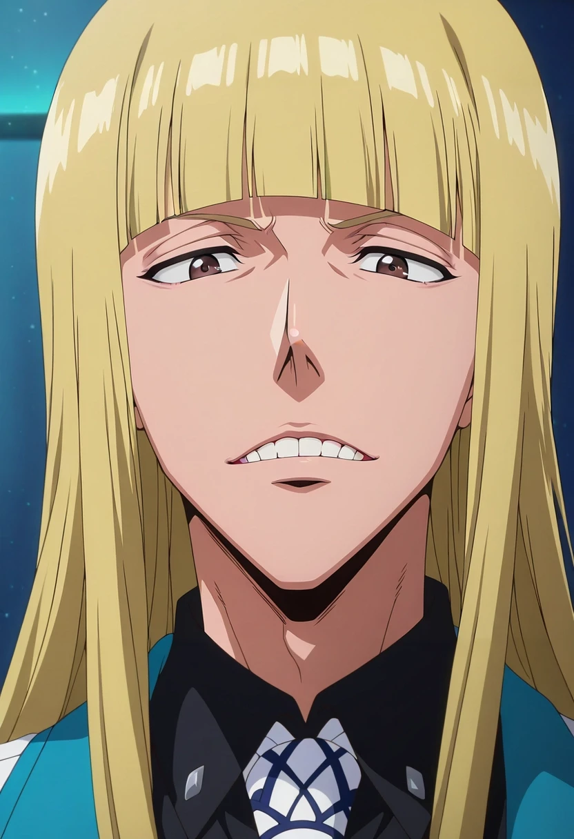 masterpiece, best quality, intricate details, anime screencap, , official style, looking at viewer, , 1boy, solo, male focus, <lora:shinji_hirako_ilxl:0.94>, shinji_hirako, blonde hair, brown eyes, bangs, blunt bangs, teeth, long hair, ,