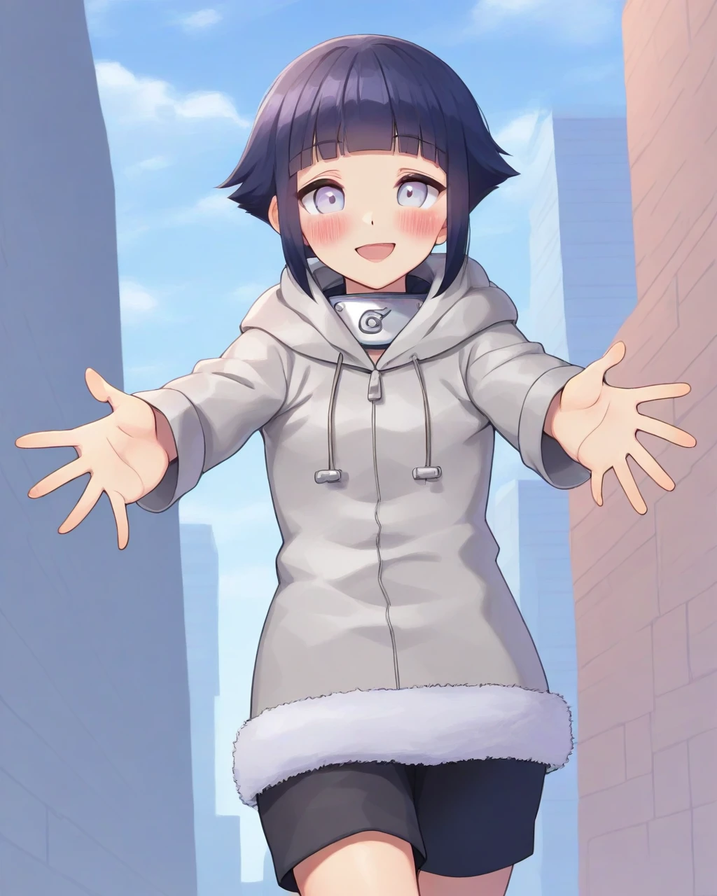 masterpiece, best quality, evnstnly, 1girl, solo, hinatagenin, grey jacket, happy, blush, outstretched arms, looking at viewer, walking, cowboy shot, city