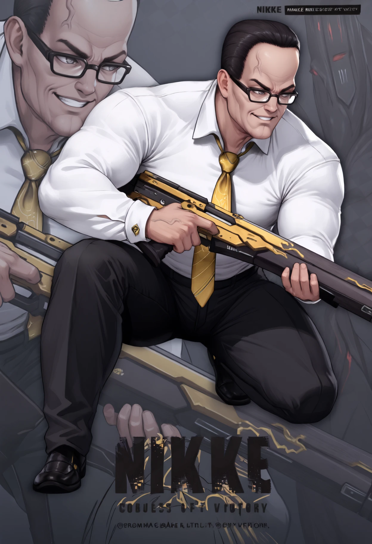 masterpiece, best quality, 1boy, grey eyes, buzz cut, black hair, very short hair, manly, mature male, double chin, black-framed eyewear, veins,
serious grin, white shirt, yellow necktie, black pants, 
on one knee, looking to the side, holding weapon, holding rifle,
NikkeProfile, full body, checkered background, zoom layer, copyright name, character name, english text, logo
<lora:Senator-Armstrong-NoobAi-1.1_V1-Manityro-CAME:1.0>,
<lora:NikkeProfile_illusXLNoobAI_Incrs_v2:1.0>,