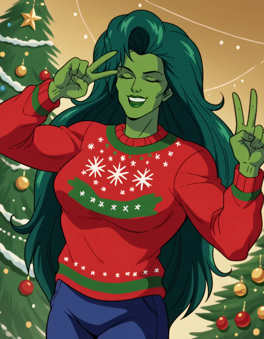 score_9, score_8_up, score_7_up, source_anime, <lora:jennifer-walters-cartoon1996-ponyxl-lora-nochekaiser:1>, jennifer walters, long hair, green hair, colored skin, retro artstyle, green skin, muscular, mature female,, <lora:christmas-sweater-ponyxl-lora-nochekaiser:1>, christmas sweater, christmas, ugly sweater, print sweater, red sweater, christmas tree, christmas ornaments, sweater, multicolored sweater, , v, smile, hands up, teeth, closed eyes, cowboy shot,, , dutch angle, cowboy shot