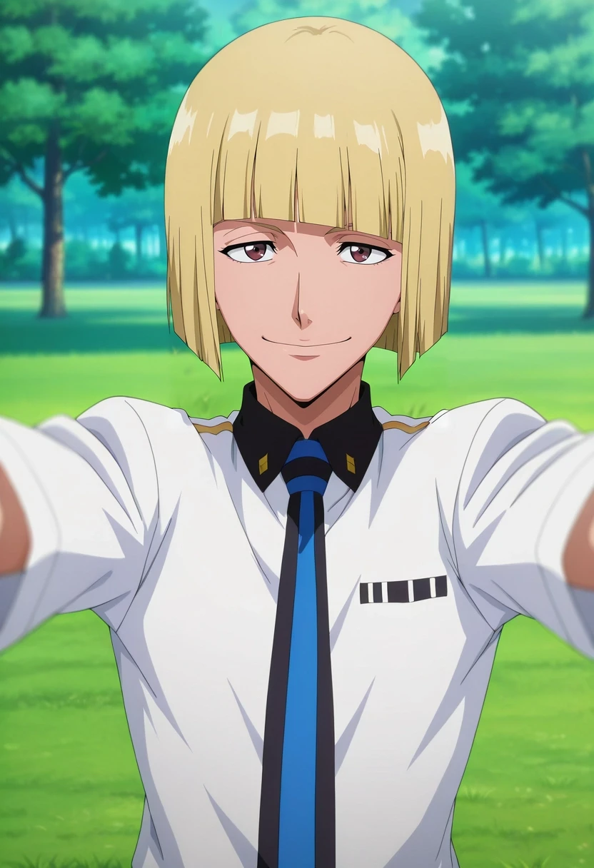 masterpiece, best quality, intricate details, anime screencap, , official style, looking at viewer, depth of field, 1boy, solo, male focus, <lora:shinji_hirako_ilxl:0.94>, shinji_hirako, blonde hair, brown eyes, bangs, blunt bangs, , short hair, bob cut, rule of thirds, grass, tree, midnight, outstretched arms, happy,