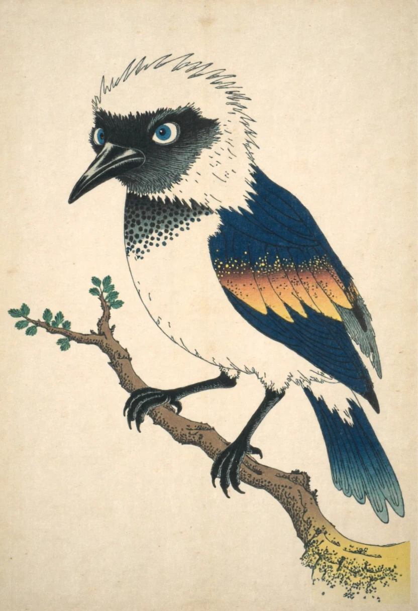 Ukiyo-e style by Katsushika Hokusai of a bird, specifically a male, perched on a thin, brown branch, the bird's head is the focal point, with its large, expressive blue eyes looking directly at the camera, its beak is black and slightly upturned, giving it a friendly and curious expression, the feathers on its head are predominantly white with black spots, creating a striking contrast, the body of the bird is predominantly white, with orange and blue accents on its wings and feet, the wings are detailed with a soft texture, and the feathers are slightly ruffled<lora:CustomFlux/Katsushika_Hokusai.safetensors:1.0:1.0>