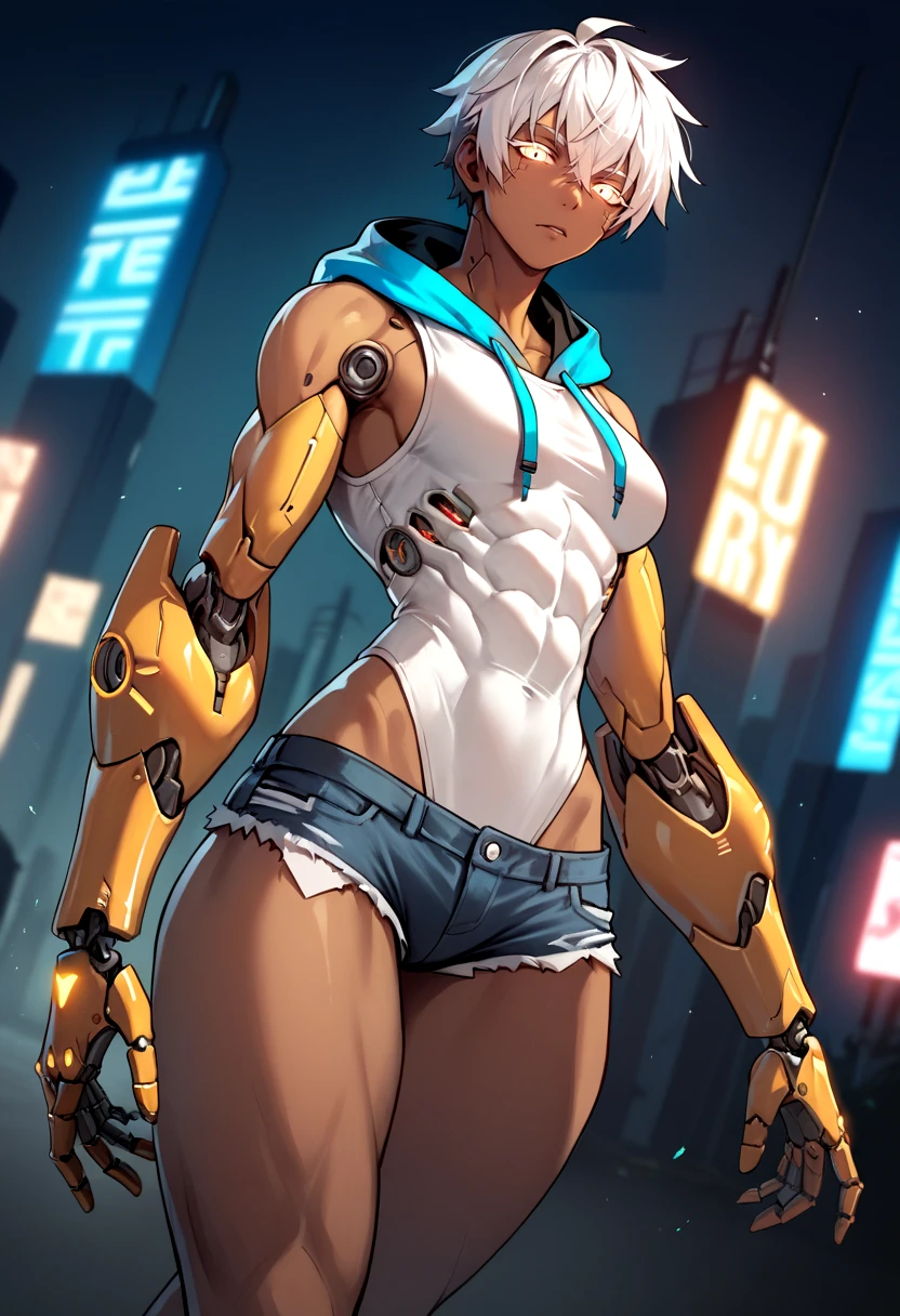 Score_9, score_8_up, score_7_up, score_6_up,  source_amime 1girl, solo, blurry background, neon night city, science fiction, dutch angle, looking at viewer,  very dark skin, sliver hair, (white eyelashes), tomboy, cyborg, robot abs, neon trim,  white leotard, sleeveless hoodie, microshorts, yellow mechanical arms, glowing neon parts,<lora:cool_ASF_mecha_MIX:1>