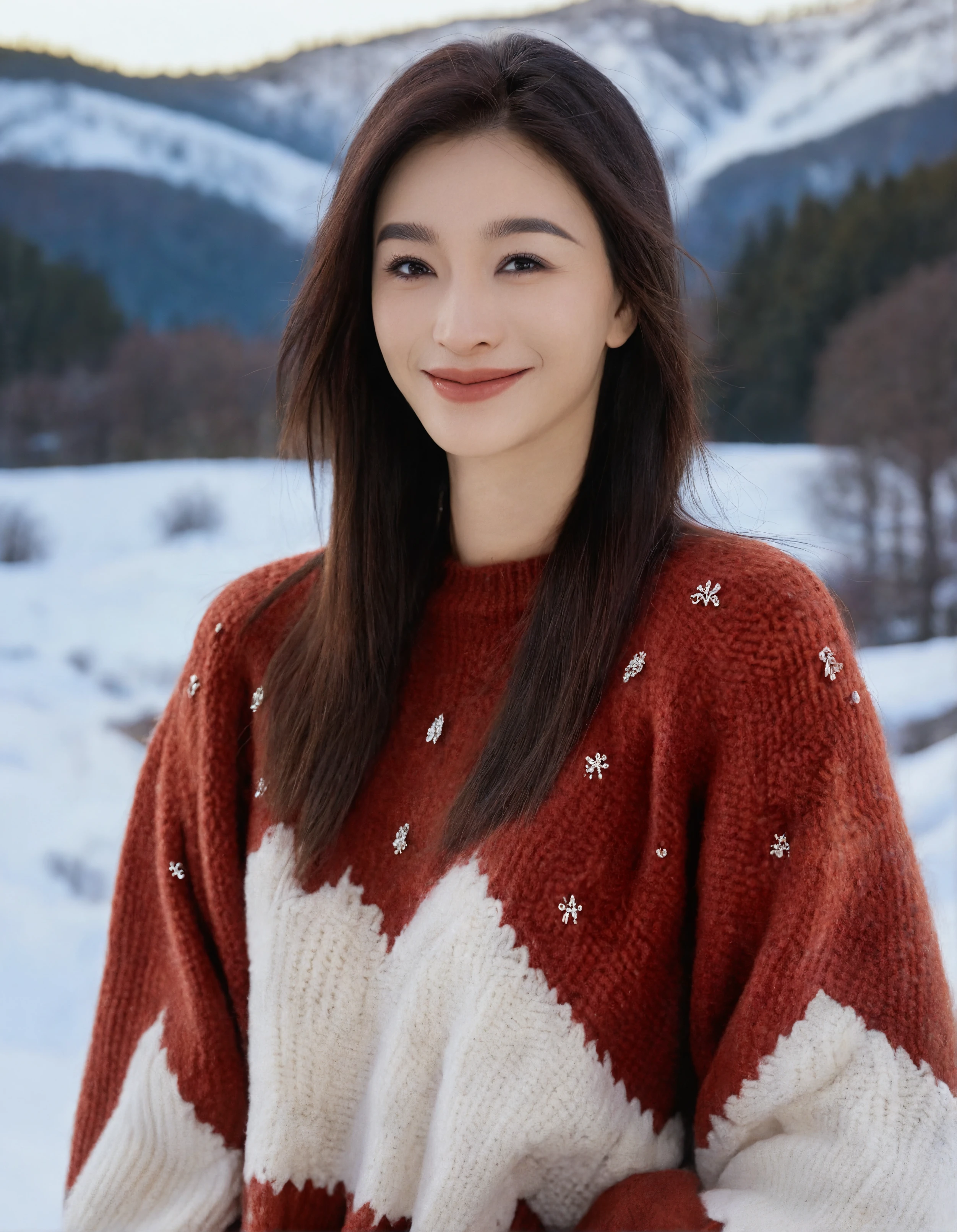 score_8_up,score_8,lxr, Upper body shot,front view, the image features a woman with long dark hair,standing, She is wearing a Fresh  red sweater adorned with small embellishments, Her expression is gentle smile. The background is a winter-themed scene,depicting a snowy landscape that adds a sense of calm and tranquility. Soft lighting highlights her features, creating a warm and inviting atmosphere.