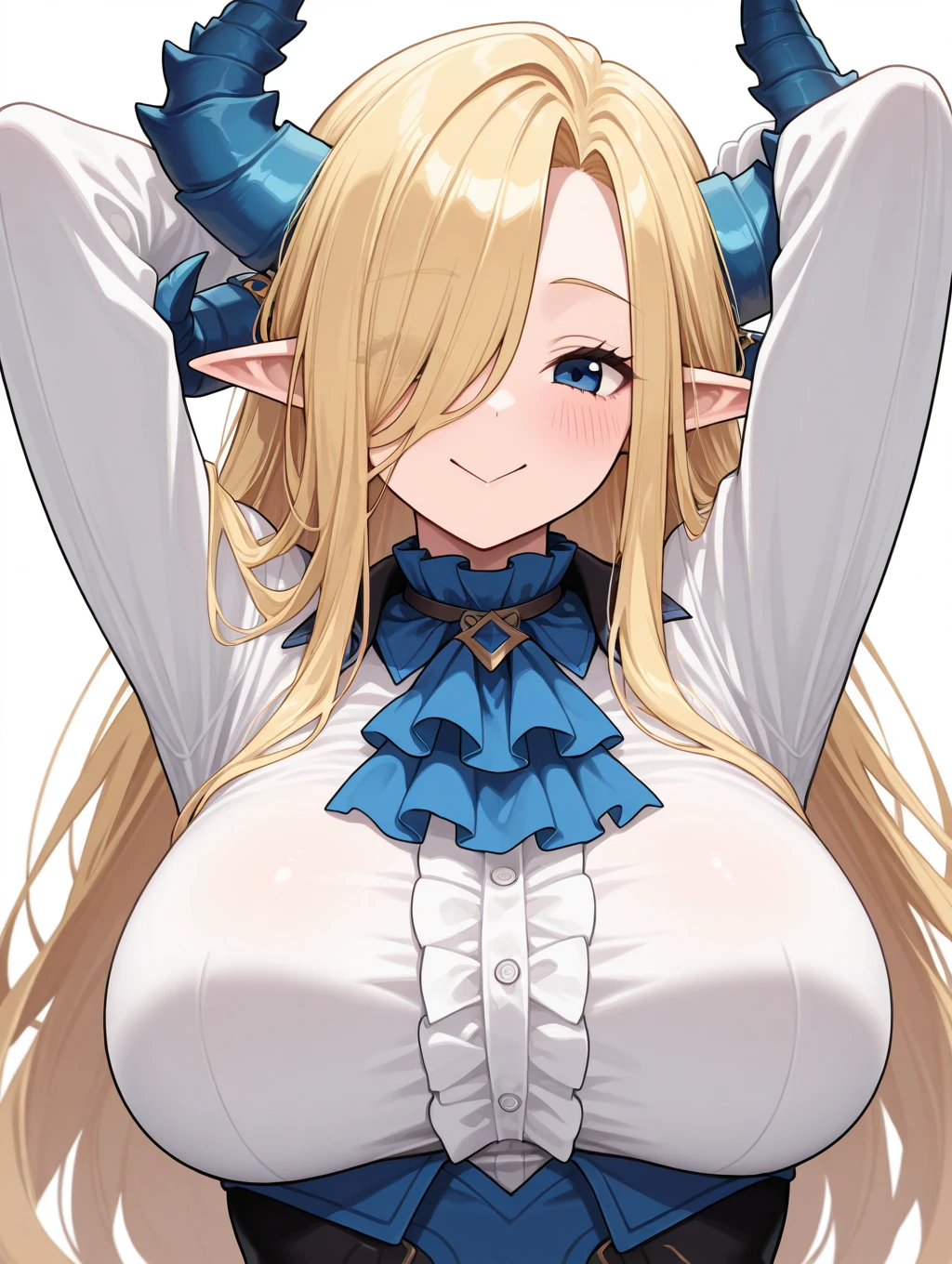 bianca, 1girl, solo, long hair, looking at viewer, smile, blue eyes, blonde hair, large breasts, simple background, white background, horns, pointy ears, hair over one eye, arms up, ascot, arms behind head, :>, blue horns

masterpiece, best quality,amazing quality, very aesthetic, absurdres, depth of field, blurry background, extremely detailed face, detailed eyes