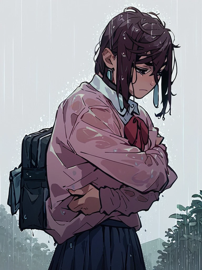 score_9, score_8_up, score_7_up, score_6_up, score_9, score_8_up, score_7_up, score_6_up, BREAK,
outdoors, school uniform, school bag, rain, sad, wet clothes, skirt, arm hug, solo, grey sky, pink sweater, 
 <lora:Momo_Ayase:0.8>, MomoAyase,